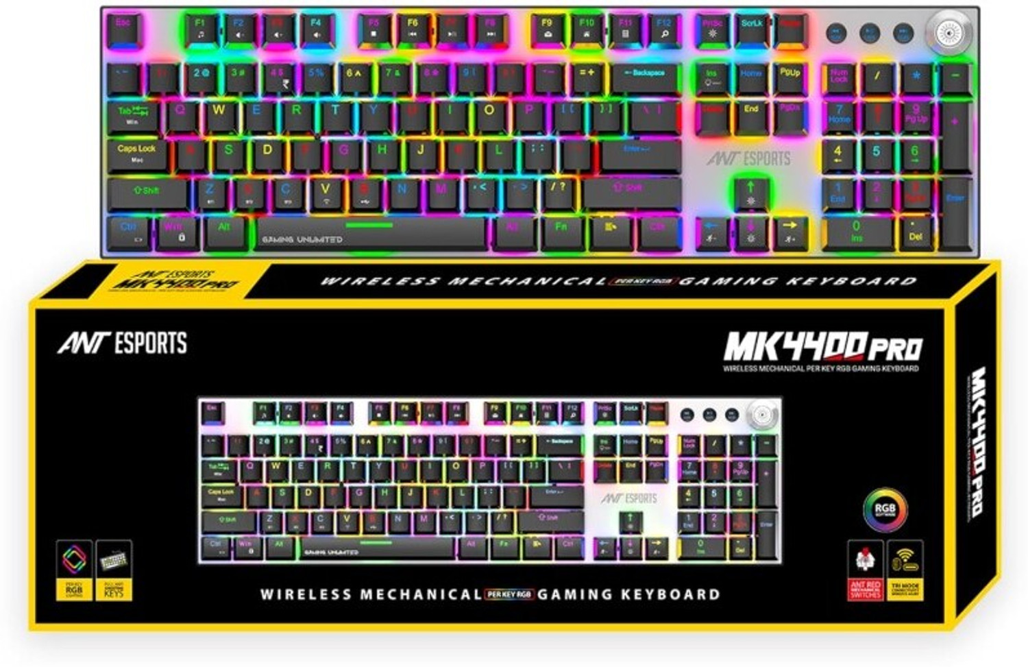 Image of Ant Esports MK4400 pro Red Switch Wireless, Wired USB, Bluetooth Standard Gaming Keyboard Compatible with Desktop, Laptop, Tablet