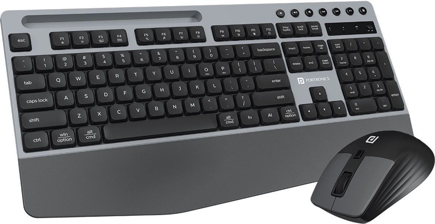 Portronics Key10 Combo Wireless Keyboard & Mouse, Wrist Rest, Media Hotkeys, USB Receiver, Wireless Handheld Laptop Keyboard Compatible with Desktop, Laptop, Mac with Adjustable DPI Optical Mouse, 2.4GHz Wireless, Integrated Wrist-Rest, Smartphone Holder, Noiseless Keycaps, Auto-Sleep Power Saving, Multimedia Hotkeys