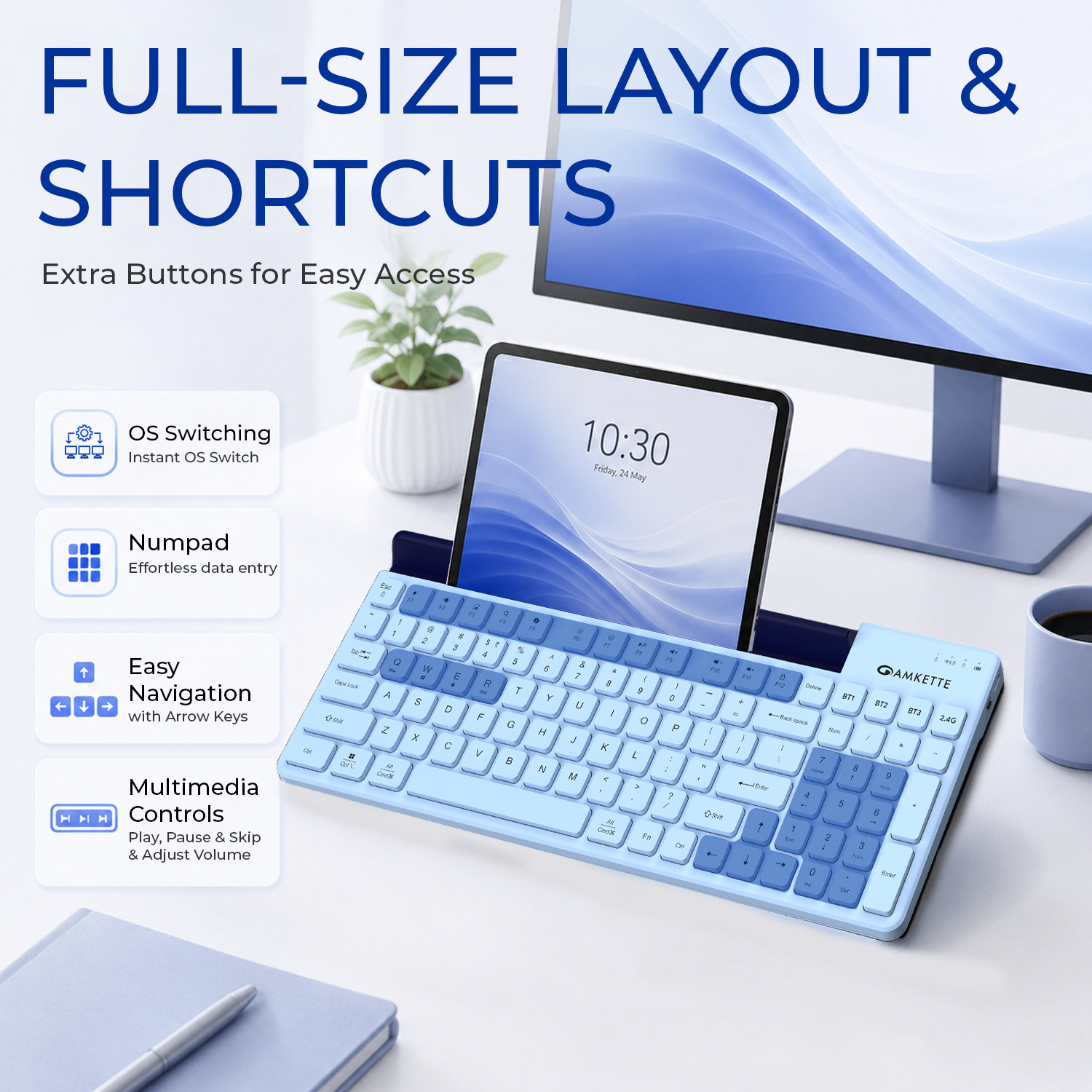 Image of AMKETTE Optimus 2, 4 in 1 Multi Device Type-C Rechargeable with Built-in Device Dock Bluetooth, Wireless Standard Laptop Keyboard Compatible with Desktop, Laptop, Tablet, iPad, Mac