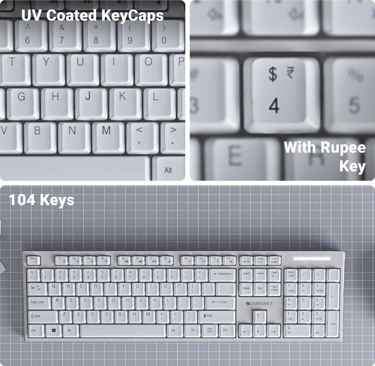Image of ZEBRONICS Zeb-Companion 304 (White+Grey) Wireless Standard Laptop Keyboard Compatible with Laptop