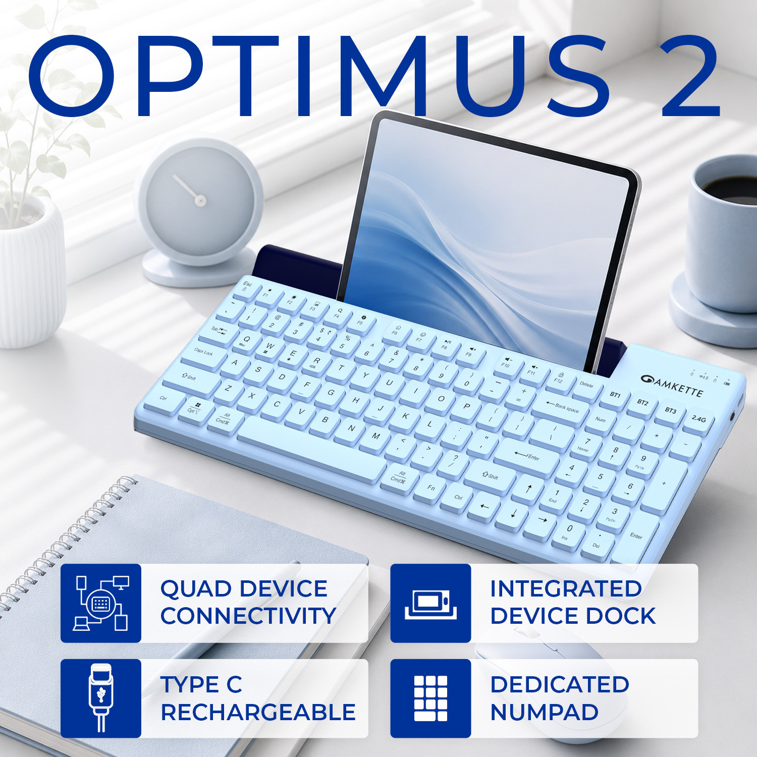 Image of AMKETTE Optimus 2, 4 in 1 Multi Device Type-C Rechargeable with Built-in Device Dock Bluetooth, Wireless Standard Laptop Keyboard Compatible with Desktop, Laptop, Tablet, iPad, Mac