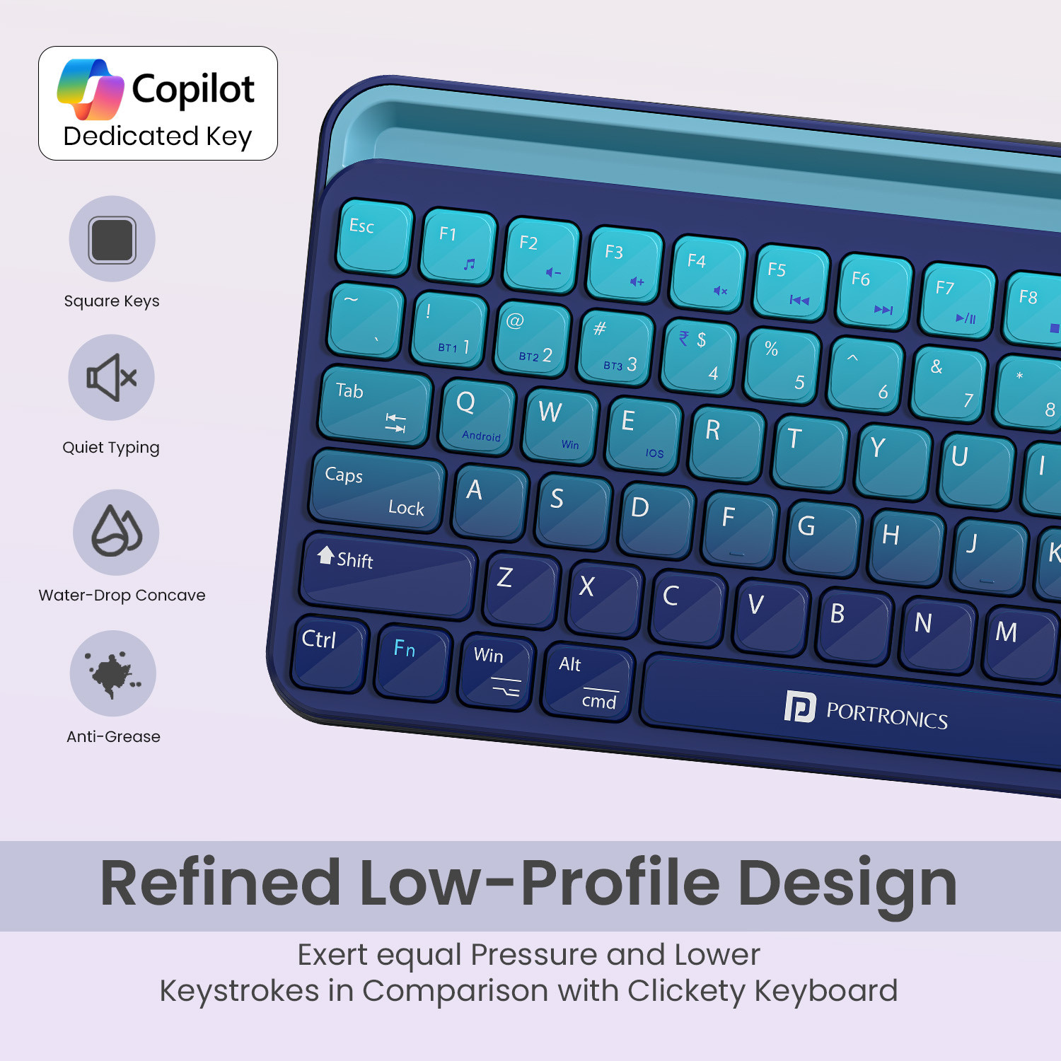 Image of Portronics Bubble 4.0 Wireless Keyboard,BT,2.4GHz,Rechargeable Battery, Volume Control Knob Bluetooth, Wireless Standard Laptop Keyboard Compatible with Laptop, Desktop