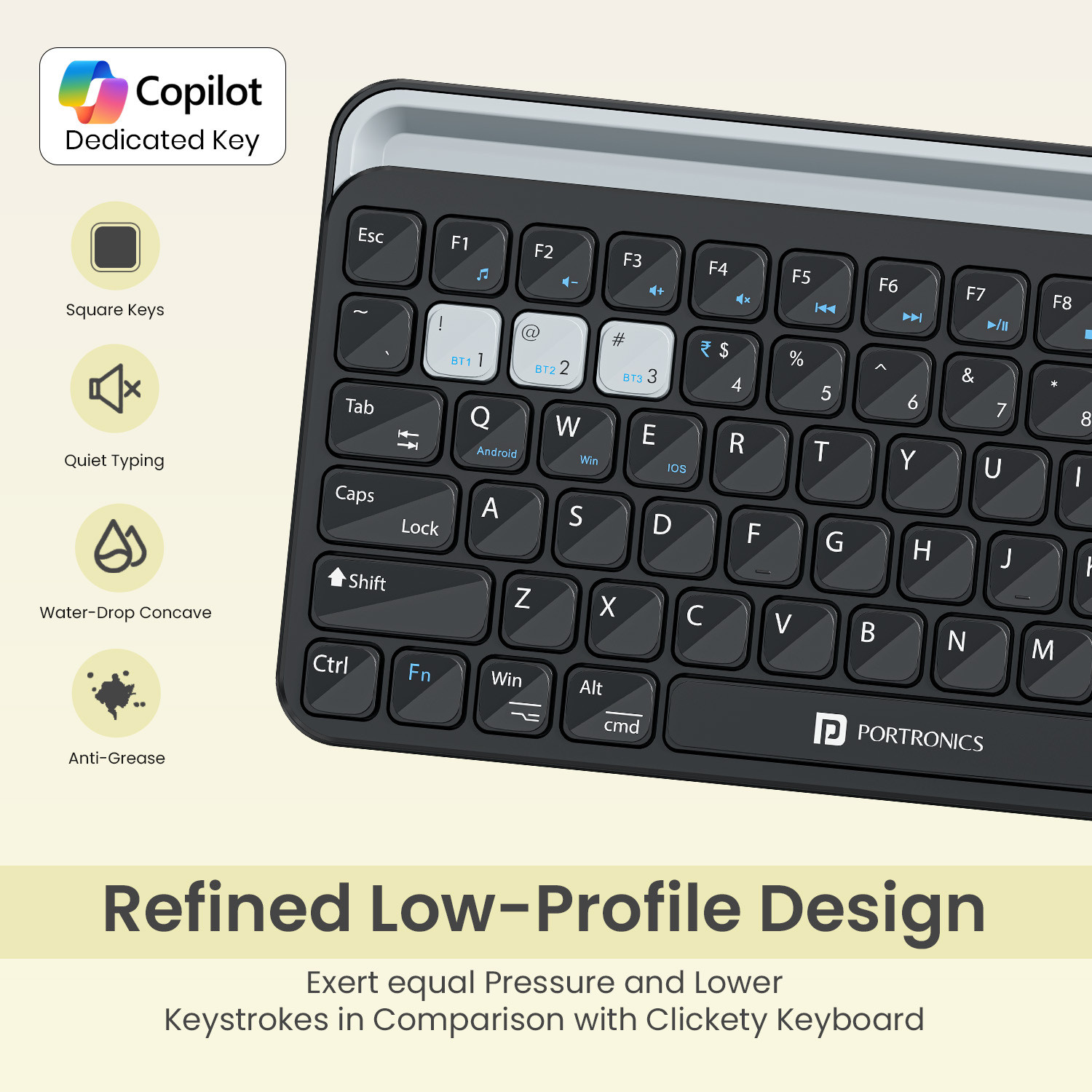 Image of Portronics Bubble 4.0 Wireless Keyboard,BT,2.4GHz,Rechargeable Battery, Volume Control Knob Bluetooth, Wireless Standard Laptop Keyboard Compatible with Laptop, Desktop