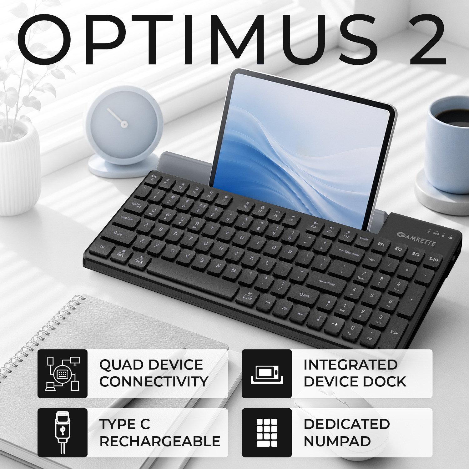 Image of AMKETTE Optimus 2, 4 in 1 Multi Device Type-C Rechargeable with Built-in Device Dock Bluetooth, Wireless Standard Laptop Keyboard Compatible with Desktop, Laptop, Tablet, iPad, Mac