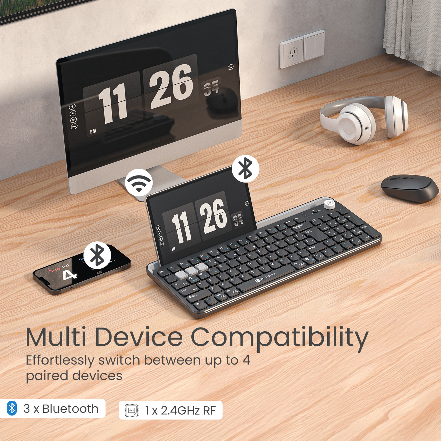 Image of Portronics Bubble 4.0 Wireless Keyboard,BT,2.4GHz,Rechargeable Battery, Volume Control Knob Bluetooth, Wireless Standard Laptop Keyboard Compatible with Laptop, Desktop