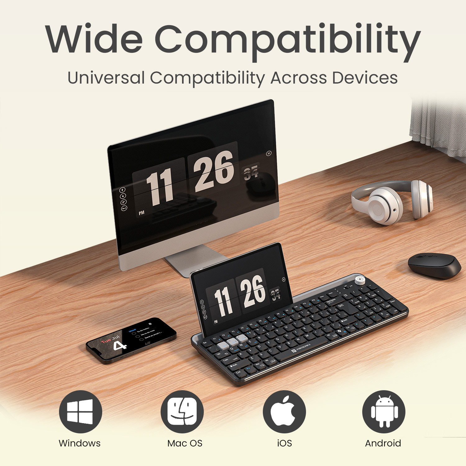 Image of Portronics Bubble 4.0 Wireless Keyboard,BT,2.4GHz,Rechargeable Battery, Volume Control Knob Bluetooth, Wireless Standard Laptop Keyboard Compatible with Laptop, Desktop