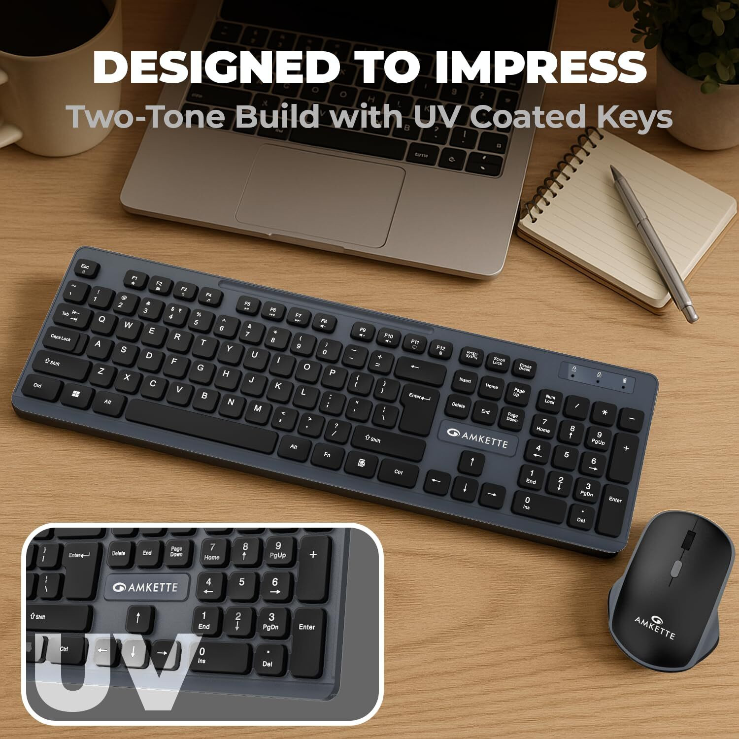 Image of AMKETTE Primus NXT Wireless Keyboard & Mouse Combo, 2.4GHz, 3200 DPI, Silent Keys Wireless Standard Laptop Keyboard Compatible with Desktop, Laptop, Mac
