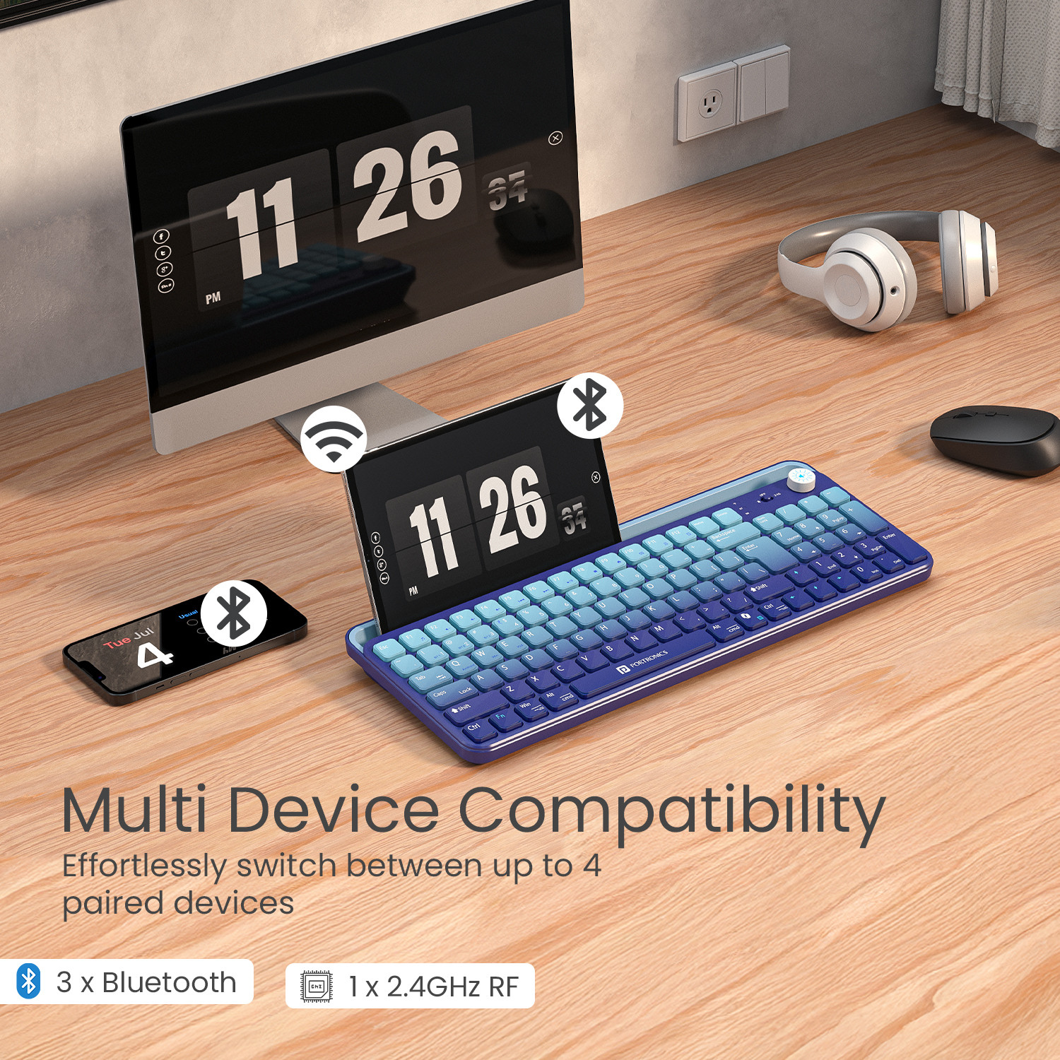 Image of Portronics Bubble 4.0 Wireless Keyboard,BT,2.4GHz,Rechargeable Battery, Volume Control Knob Bluetooth, Wireless Standard Laptop Keyboard Compatible with Laptop, Desktop