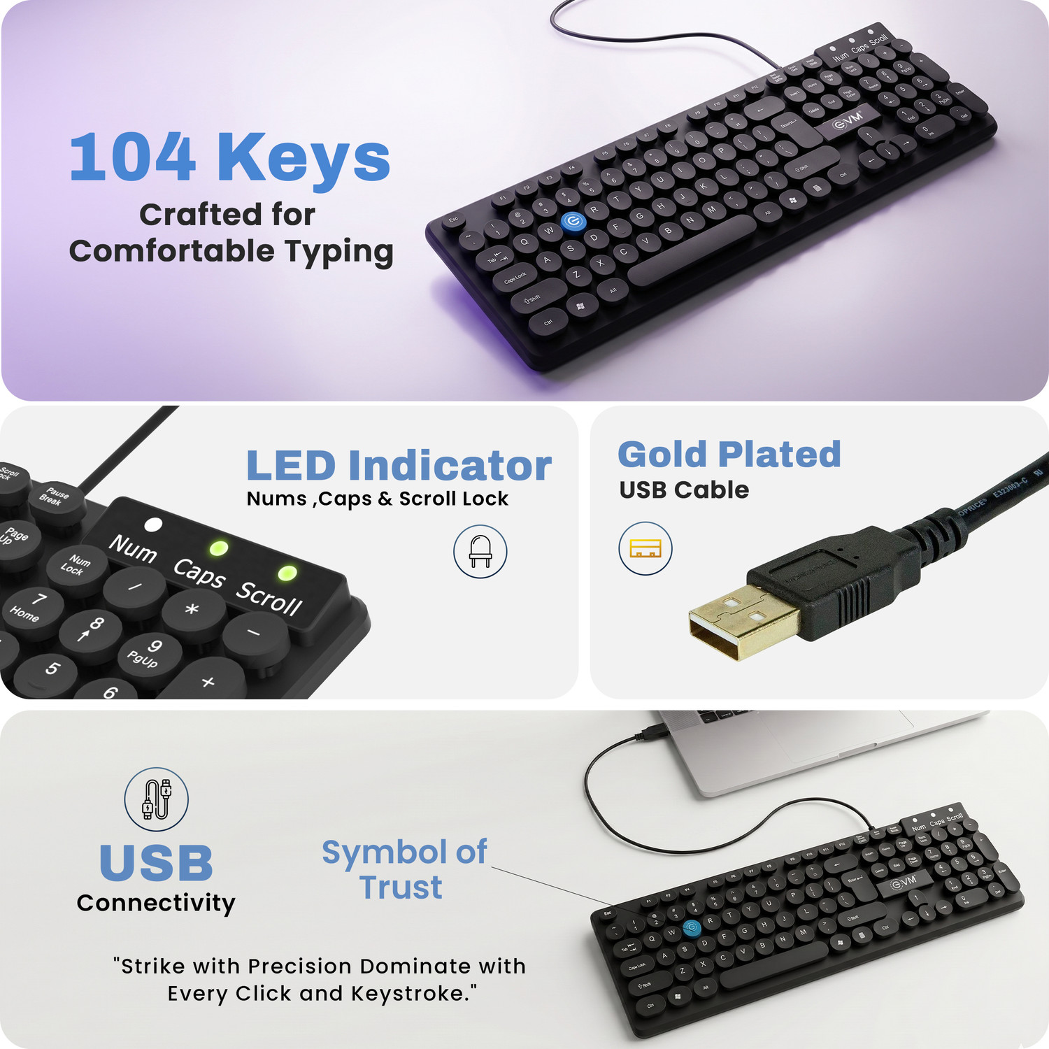 Image of EVM WDK-315 Wired USB Standard Laptop Keyboard Compatible with Desktop, Laptop, Mac 104-Key Spill-Resistant Rugged Design,High Performance