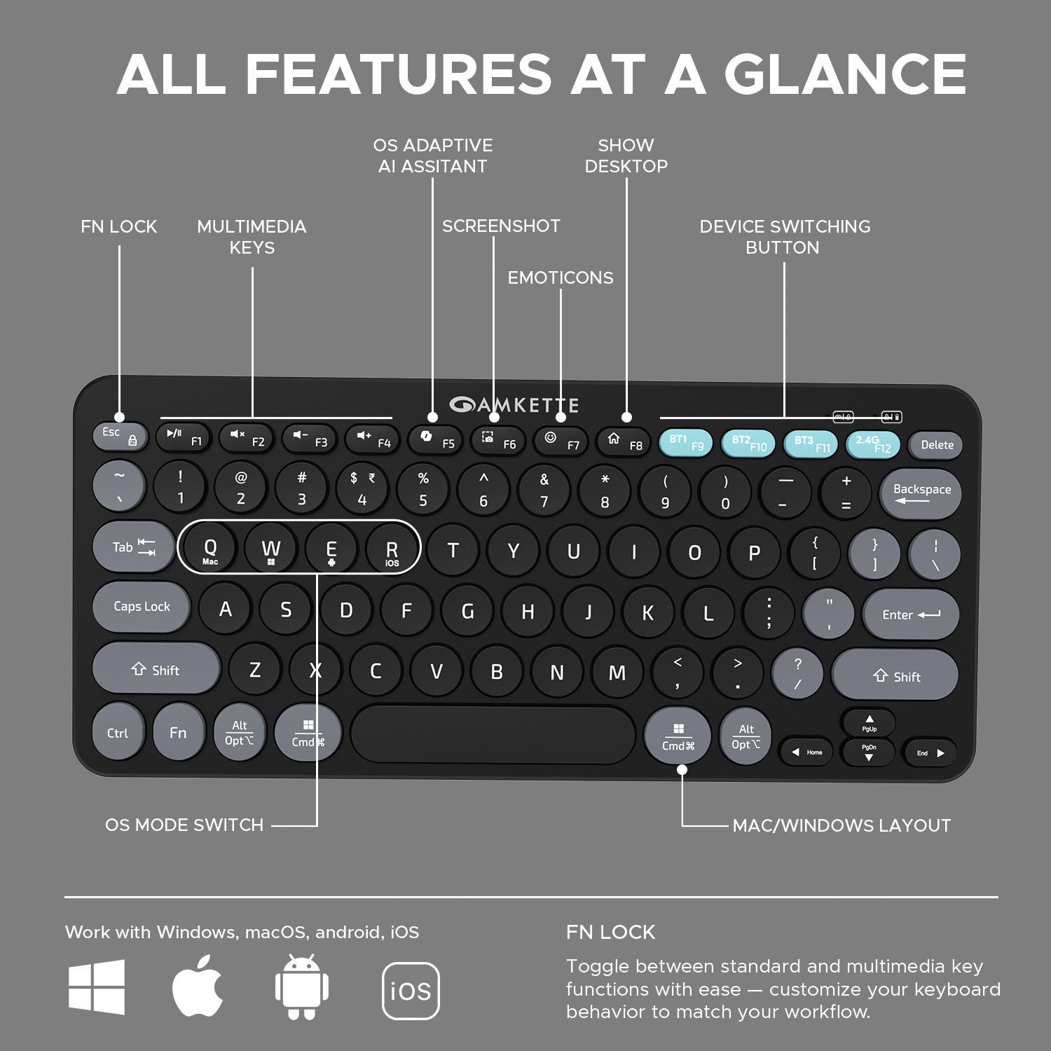 Image of AMKETTE Optimus BT Plus 4 in 1 Bluetooth, Wireless Standard Laptop Keyboard Compatible with Desktop, Laptop, Tablet, iPad, Mac