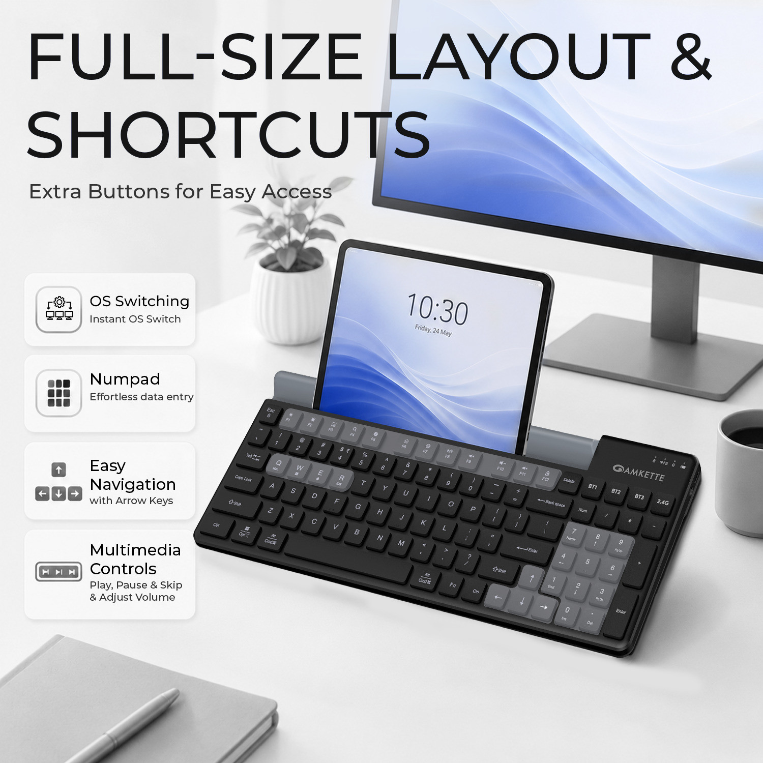 Image of AMKETTE Optimus 2, 4 in 1 Multi Device Type-C Rechargeable with Built-in Device Dock Bluetooth, Wireless Standard Laptop Keyboard Compatible with Desktop, Laptop, Tablet, iPad, Mac