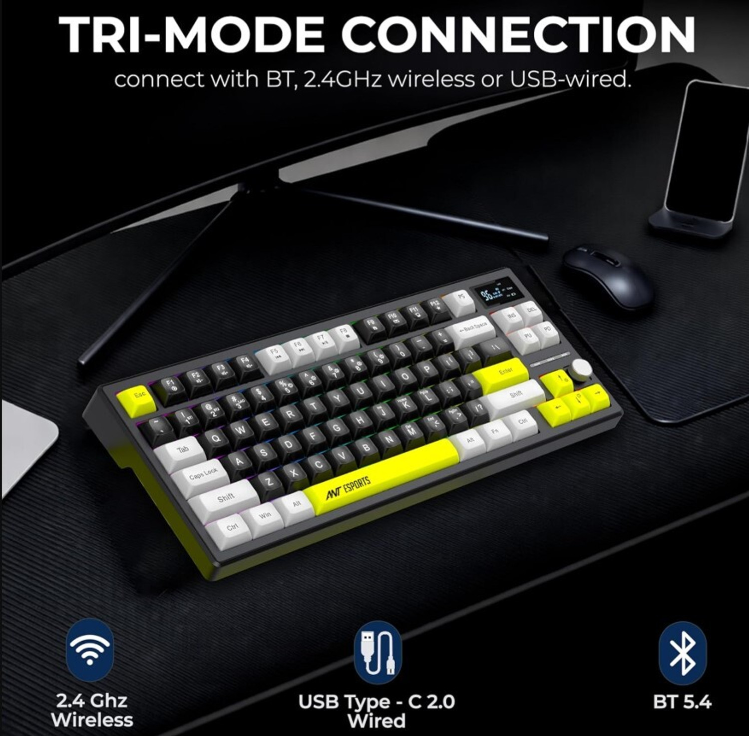 Image of Ant Esports Apex 200 - Black Wireless, Wired USB, Bluetooth Tenkeyless Gaming Keyboard Compatible with Mac, iPad, Tablet