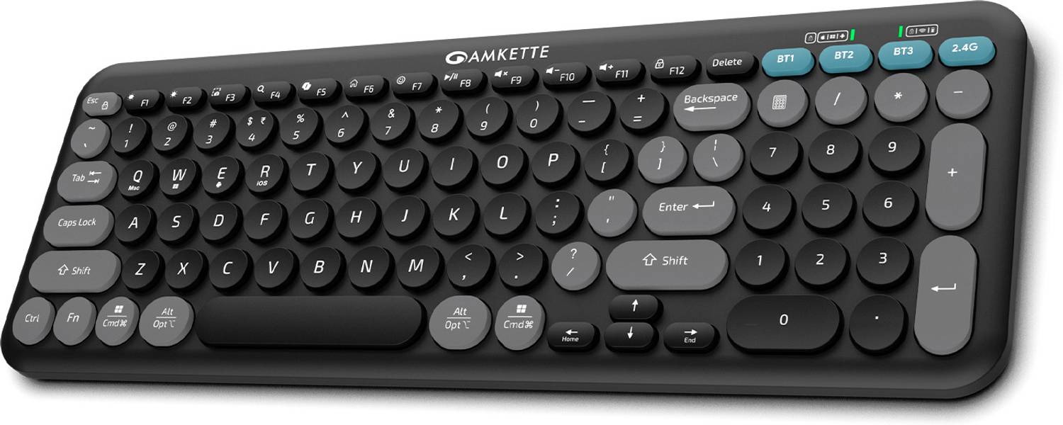 AMKETTE Optimus XL Plus 4 in 1 Type-C Rechargeable, One-Click Switch & AI Access Bluetooth, Wireless Standard Laptop Keyboard Compatible with Desktop, Laptop, Mac, Tablet with Multi-Device Bluetooth, Type-C Rechargeable Battery, 12-inch Tablet & Smartphone Slot