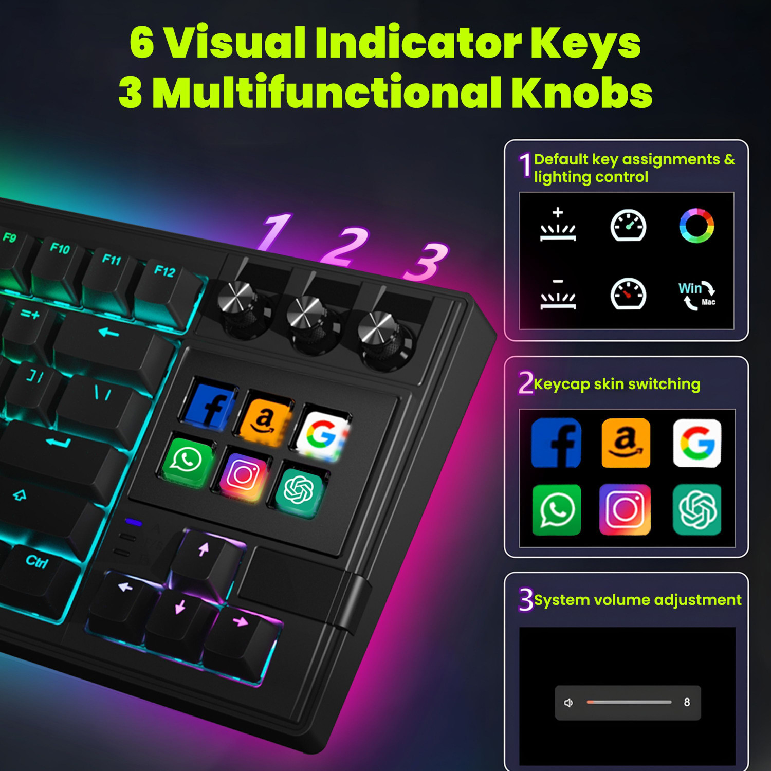 Image of Ant Esports Apex 400 Wired USB Tenkeyless Laptop Keyboard Compatible with Laptop, Desktop, iPad, Mac, Tablet with 6 LCD Macro Keys, 3Control Dials, Stream Deck Functions, QWERTY Layout, OBS & Editing Controls
