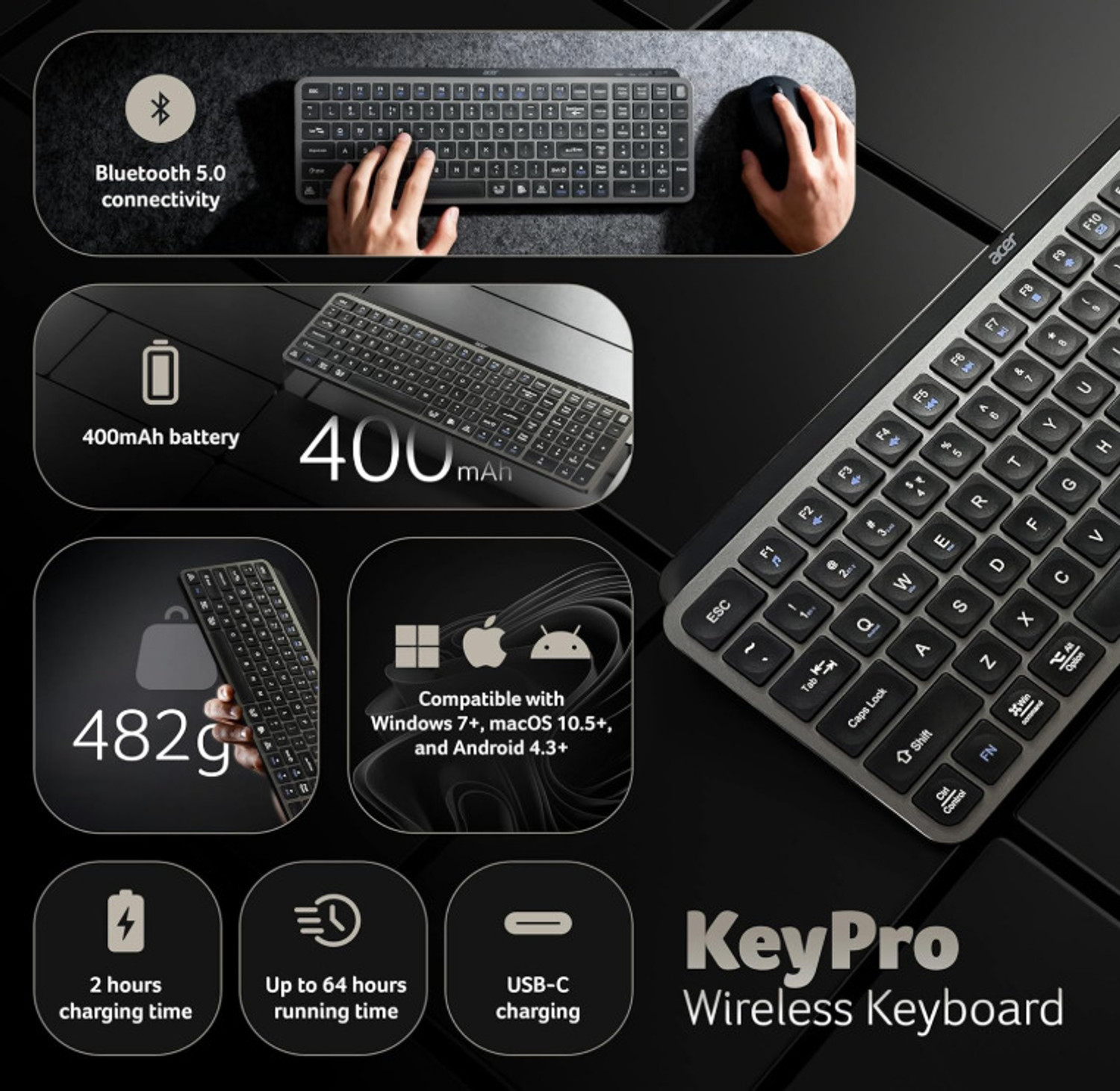 Image of Acer ZC.A01SI.3ZF Wireless Standard Laptop Keyboard Compatible with Desktop, Laptop, Tablet