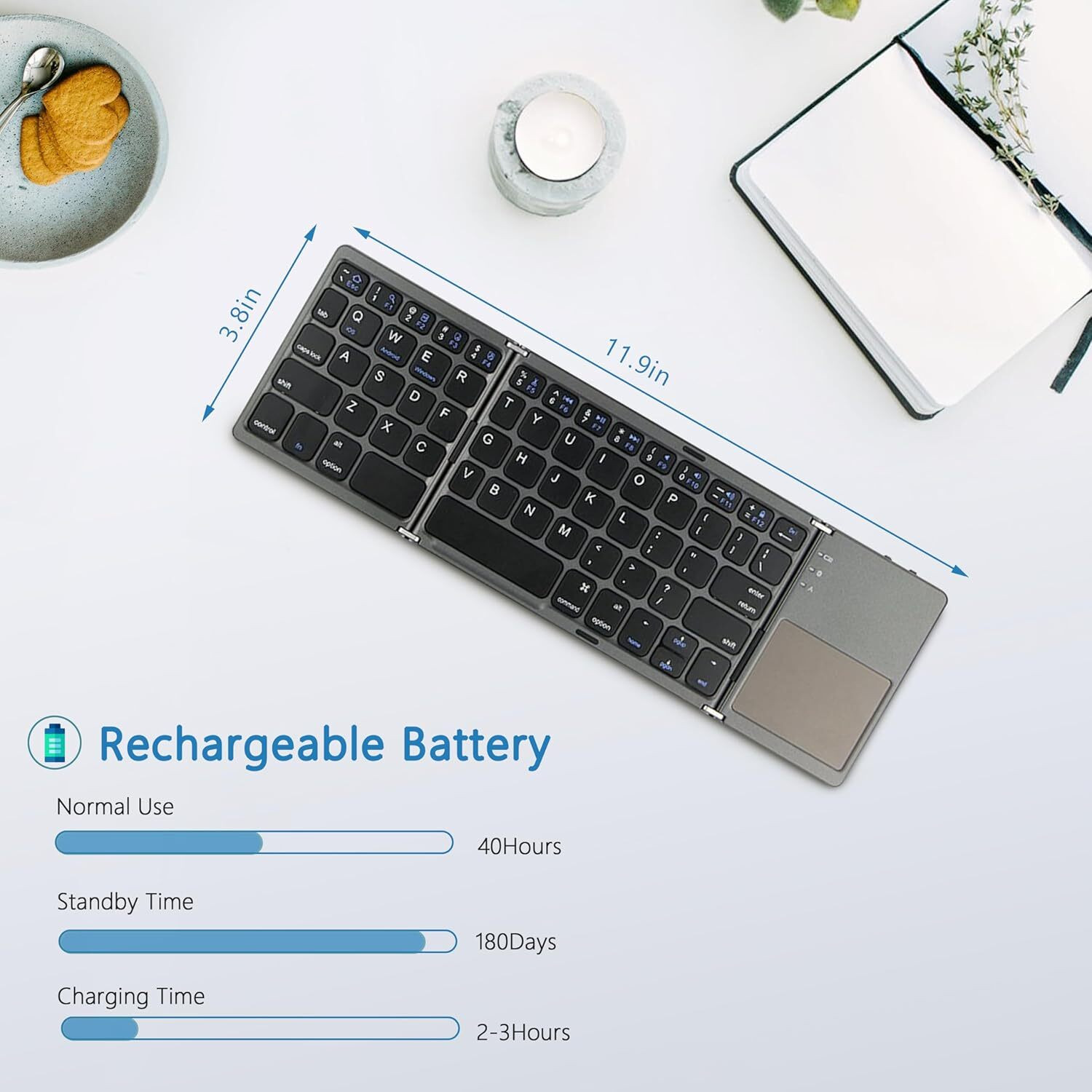 Image of microware B033 Mini Bluetooth Folding Keyboard Keypad Touchpad Tablet Ipad Phone Wireless, Wired USB Handheld Laptop Keyboard Compatible with Laptop, iPad, Tablet