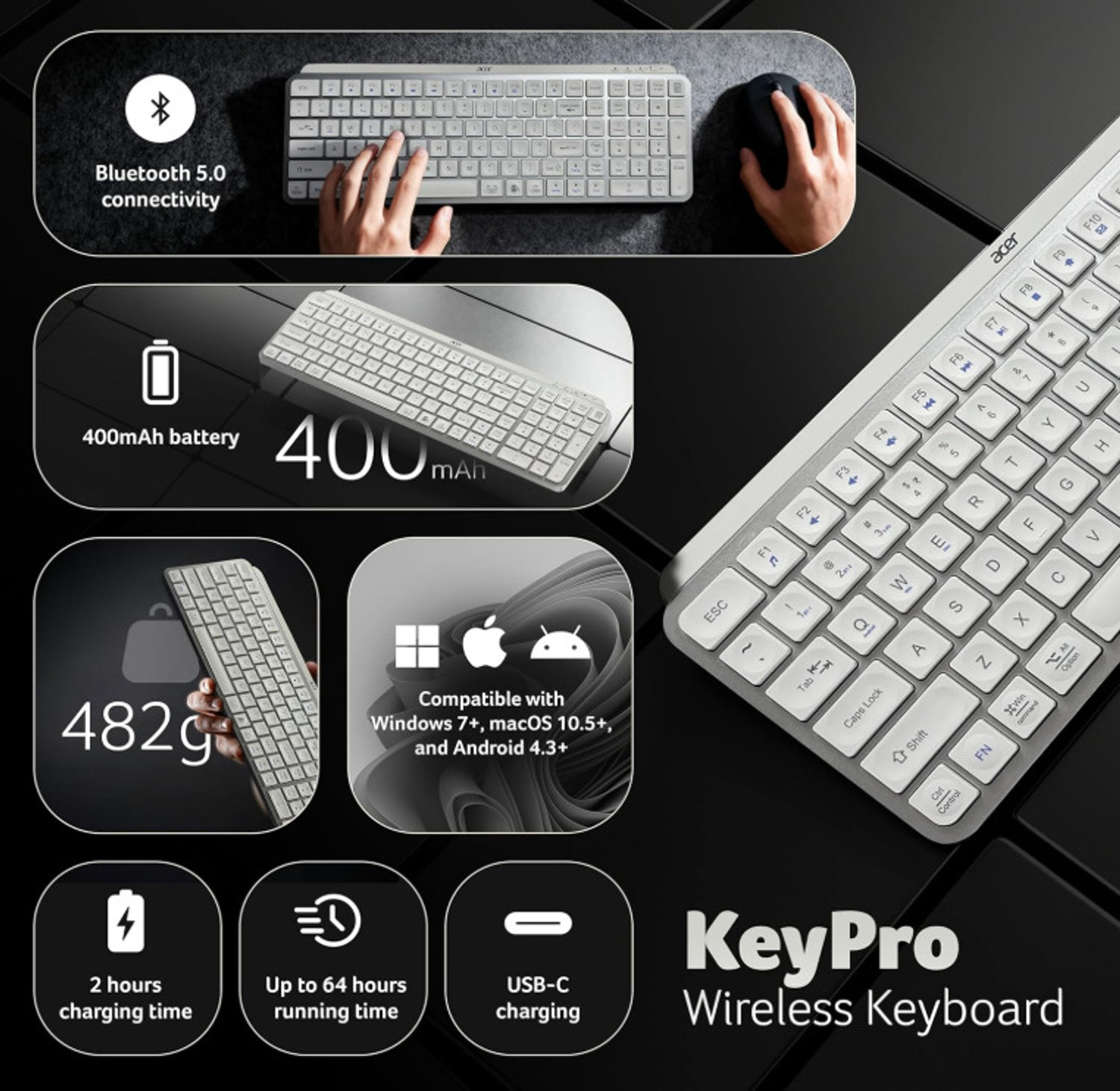 Image of Acer ZC.A01SI.3ZG Wireless Standard Laptop Keyboard Compatible with Desktop, Laptop, Tablet