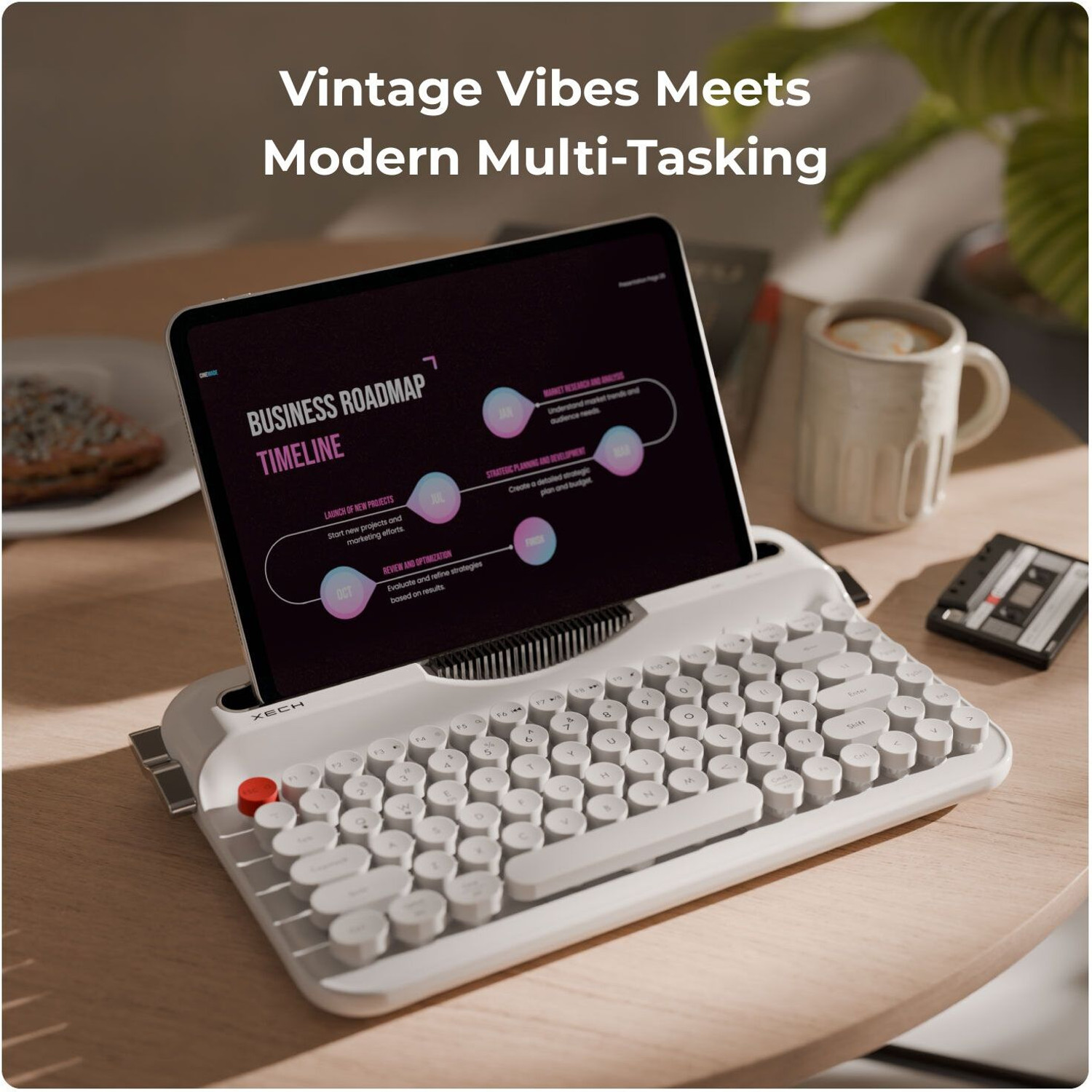 Image of xech Typewriter Wireless Keyboard Retro Vintage Design with Round Keycaps 2.4G Wireless, Bluetooth Tenkeyless Laptop Keyboard Compatible with Desktop, Laptop, Mac, iPad, Tablet