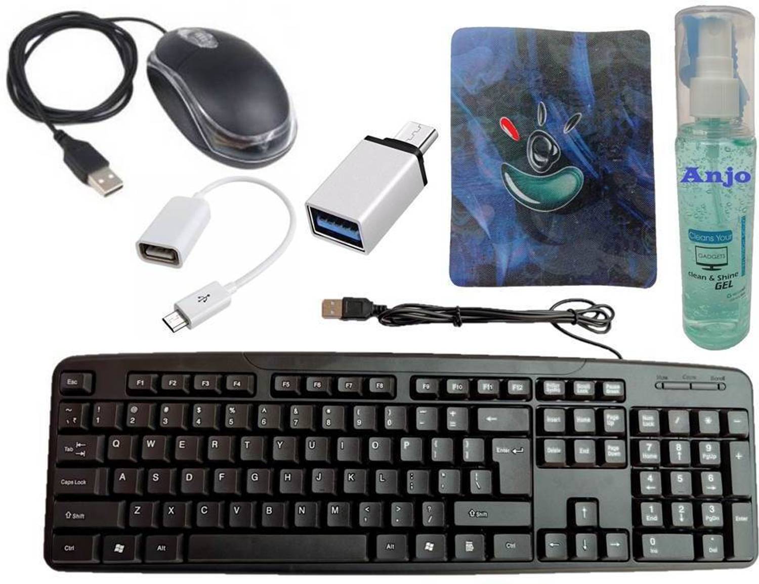 ANJO 6 in 1 Combo Of Wired LED Mouse-Mouse Pad-Cleaning Gel-OTG T