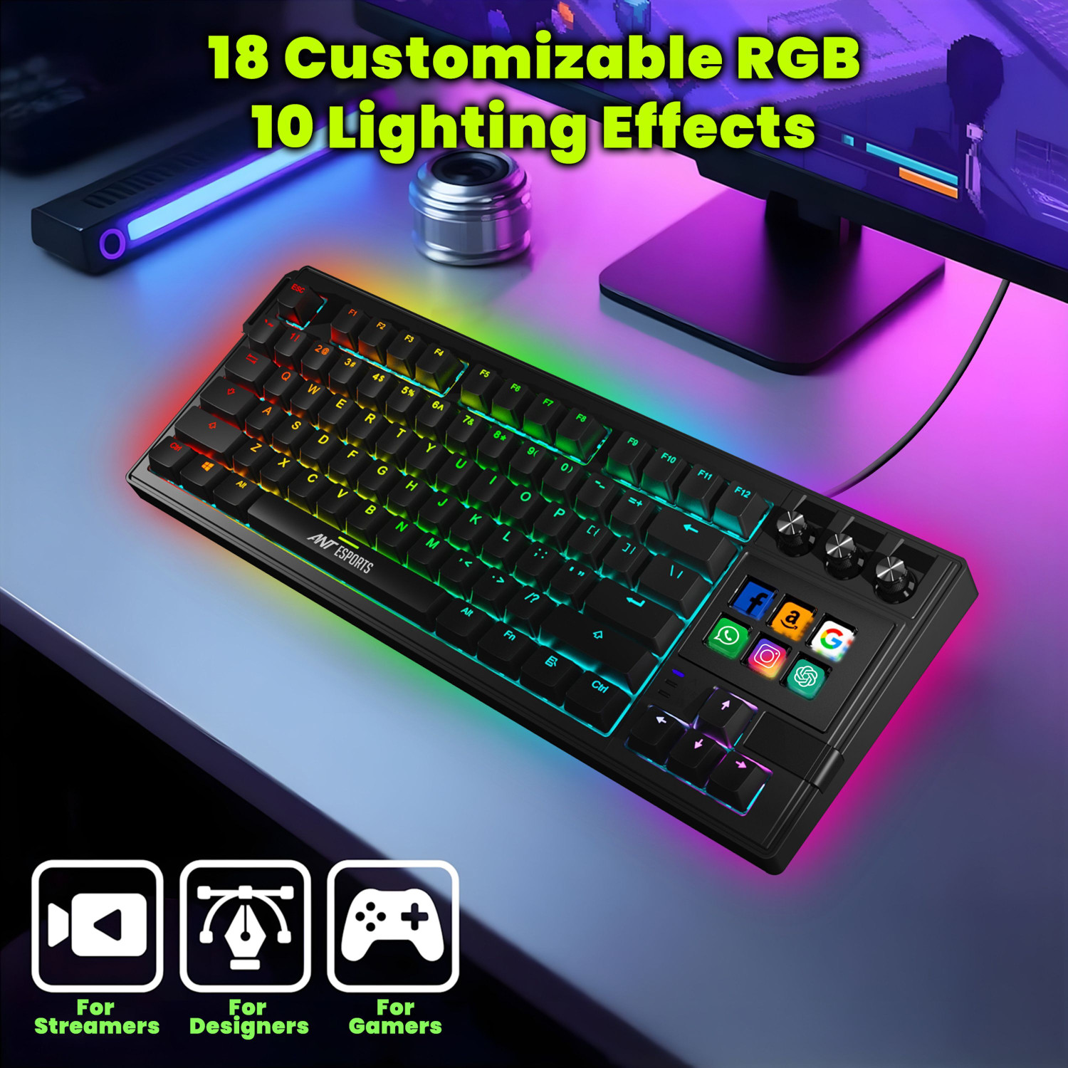 Image of Ant Esports Apex 400 Wired USB Tenkeyless Laptop Keyboard Compatible with Laptop, Desktop, iPad, Mac, Tablet with 6 LCD Macro Keys, 3Control Dials, Stream Deck Functions, QWERTY Layout, OBS & Editing Controls