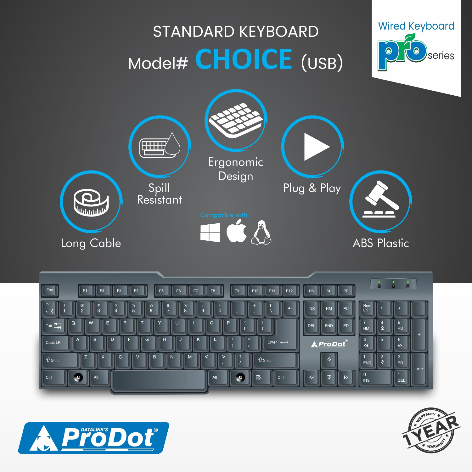 Image of PRODOT 207S Wired USB Standard Laptop Keyboard Compatible with Desktop, Laptop, Mac