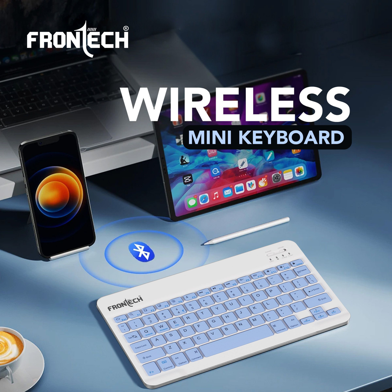 Image of Frontech Wireless Mini Keyboard | 78 Functional Hot Keys | 120mAh Rechargeable battery | Bluetooth Standard Laptop Keyboard Compatible with Laptop