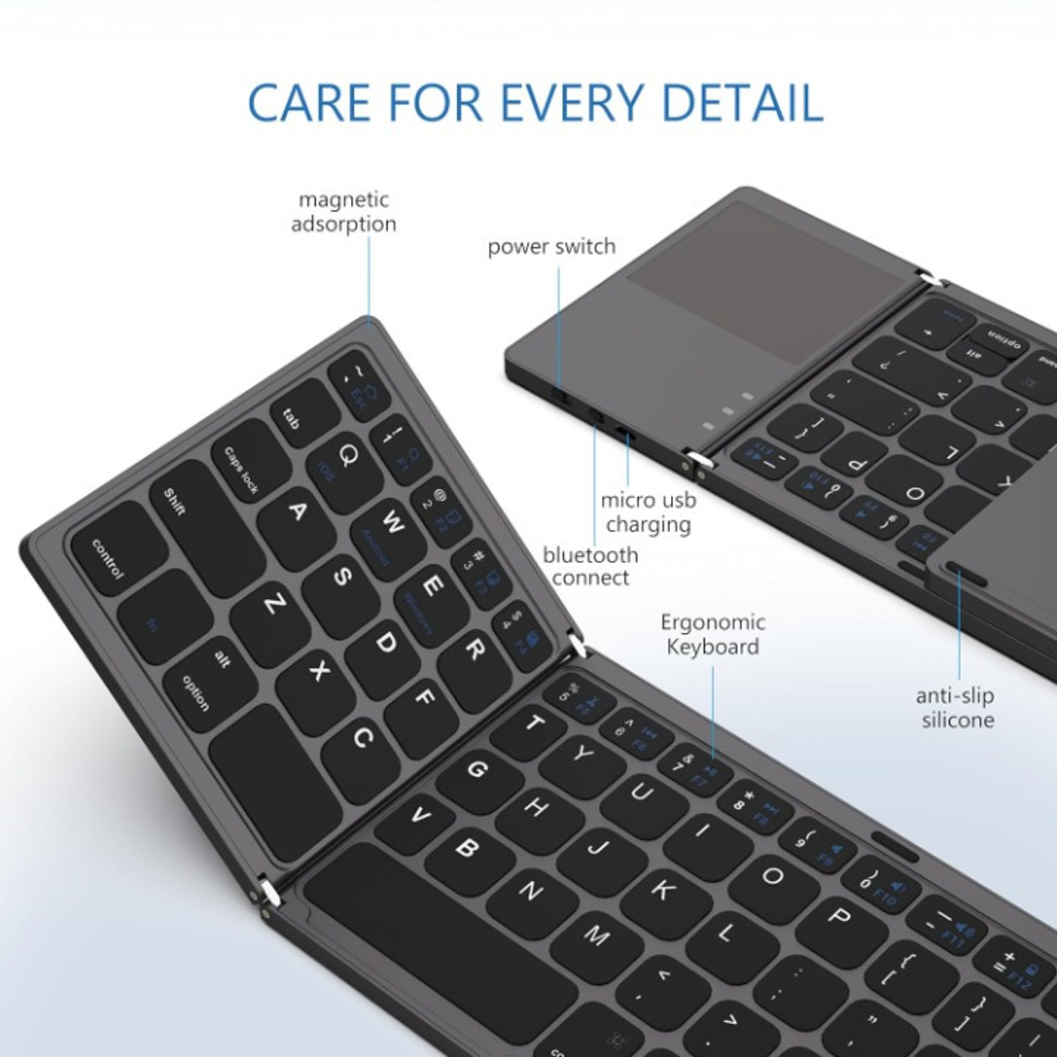 Image of microware B033 Pocket-sized Wireless BT Ultra-Slim Folding Keyboard with Touchpad Wireless, Wired USB Handheld Laptop Keyboard Compatible with Laptop, iPad, Tablet (Multicolor)