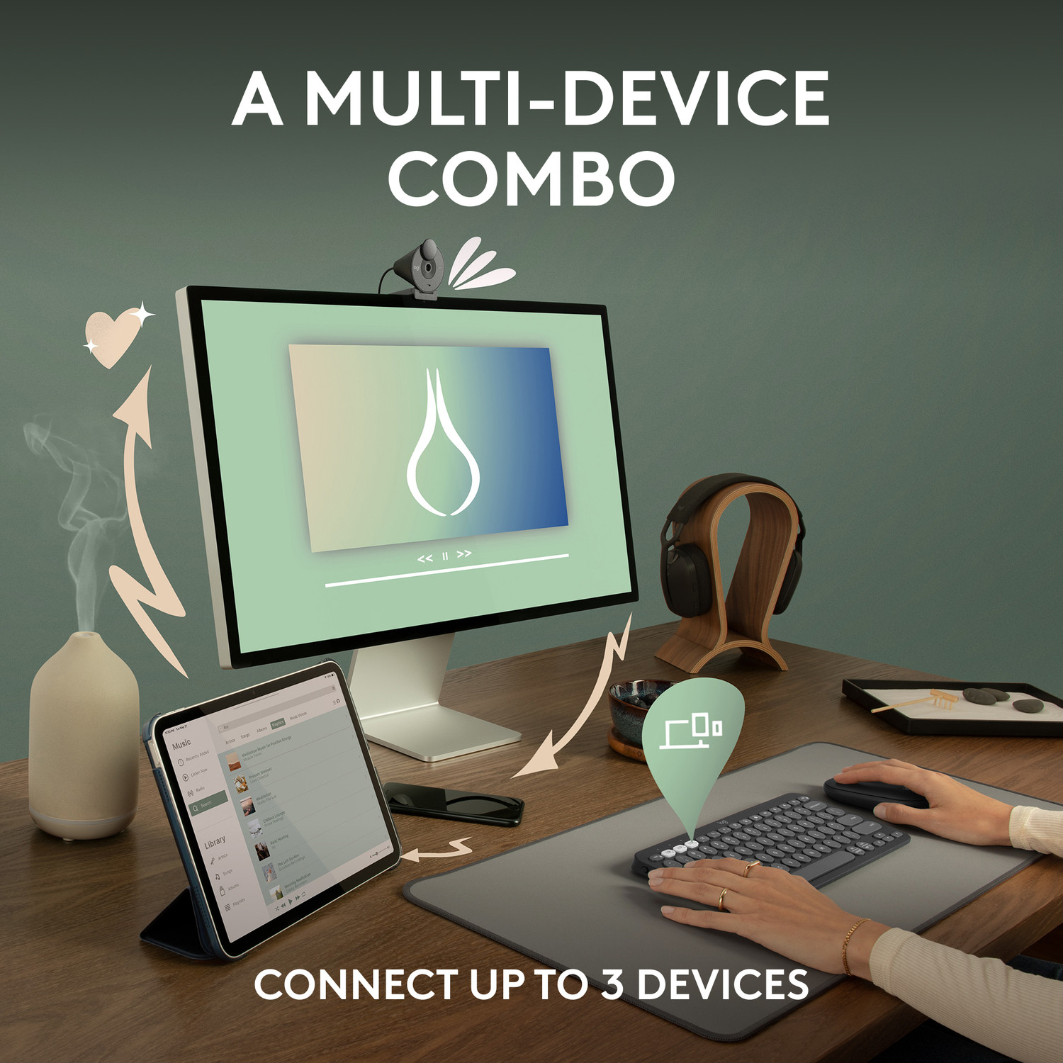 Image of Logitech Pebble 2 Combo Bluetooth Standard Multi-device Keyboard Compatible with Desktop, Laptop, Mac multimedia keys