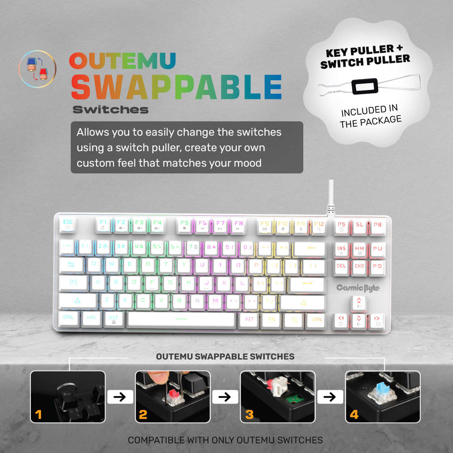 Image of Cosmic Byte CB-GK-37 Firefly Mechanical Swappable Outemu Red Switch Per Key RGB Wired USB Standard Gaming Keyboard Compatible with Desktop, Laptop, Mac