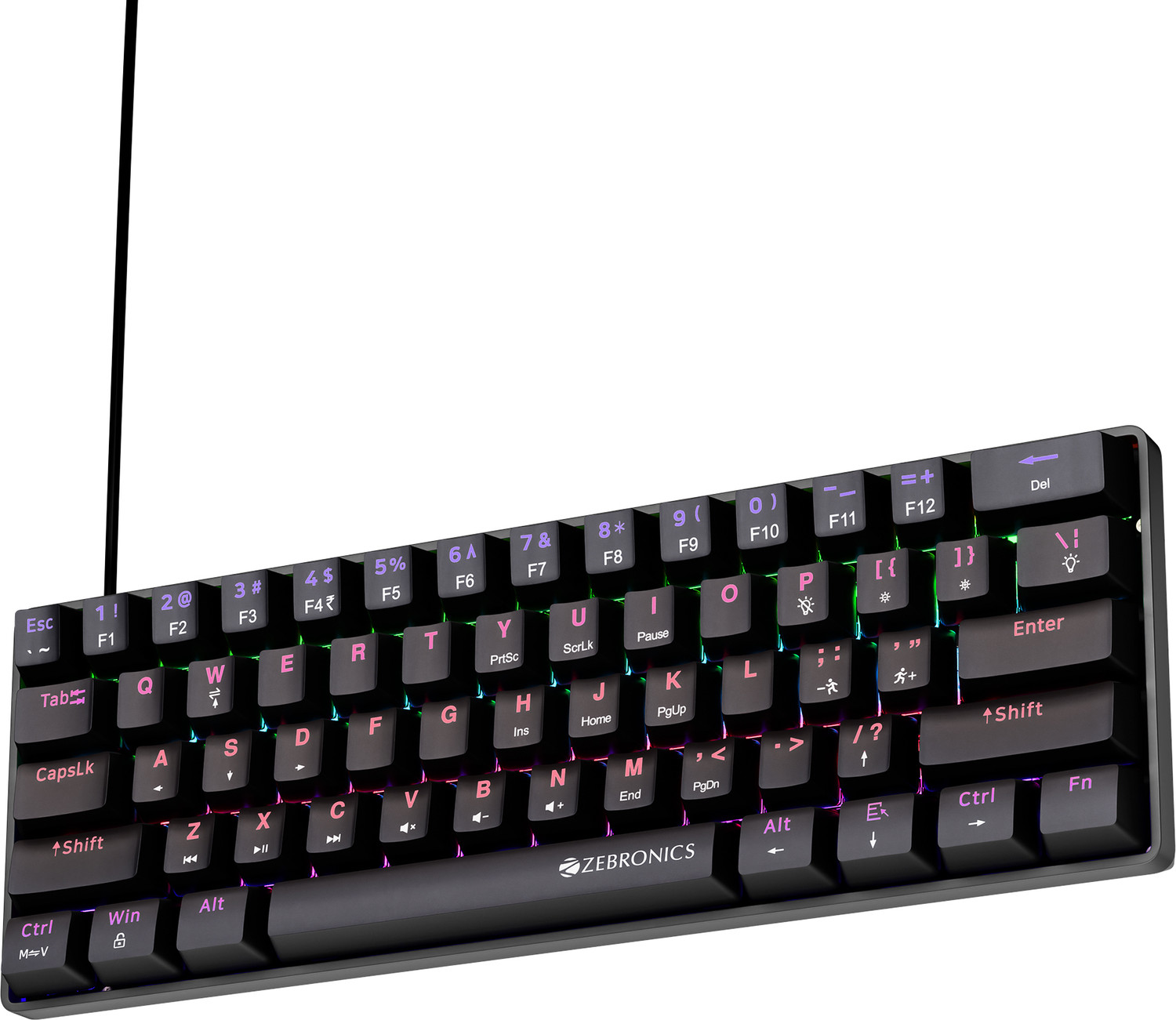Image of ZEBRONICS ZEB-MK1 Wired USB Tenkeyless Gaming Keyboard Compatible with Desktop, Laptop, Mac Silent linear Red Switches, 26 Anti Ghosting, Double shot KeyCaps, 17 LED Modes, 61 keys,Mechanical