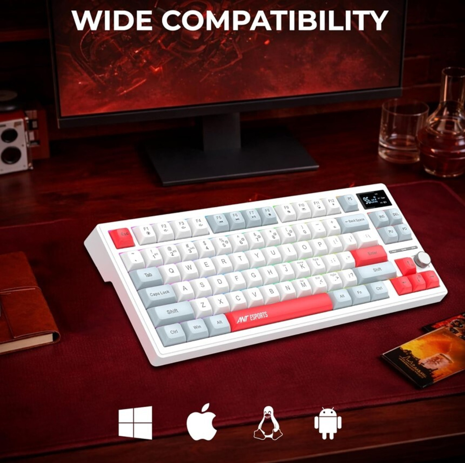 Image of Ant Esports Apex 200 - White Wireless, Wired USB, Bluetooth Tenkeyless Gaming Keyboard Compatible with Mac, iPad, Tablet