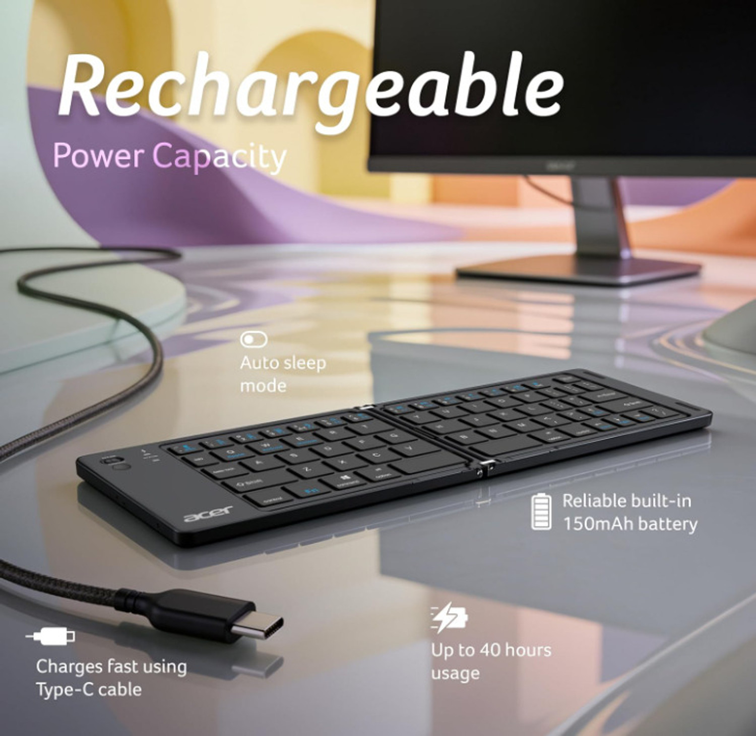 Image of Acer MiniFold Foldable Bluetooth Keyboard Bluetooth Laptop-size Tablet Keyboard Compatible with Laptop, Desktop, Tablet