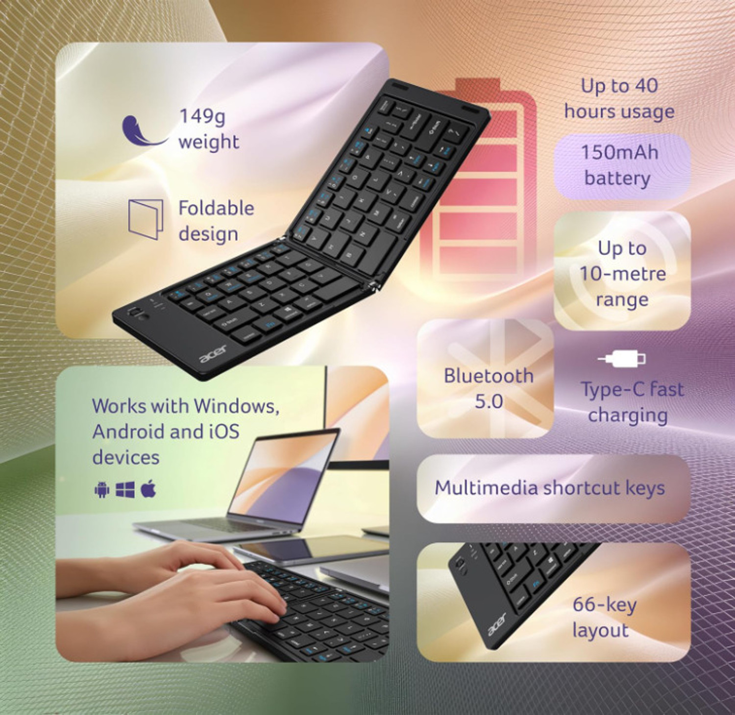 Image of Acer MiniFold Foldable Bluetooth Keyboard Bluetooth Laptop-size Tablet Keyboard Compatible with Laptop, Desktop, Tablet