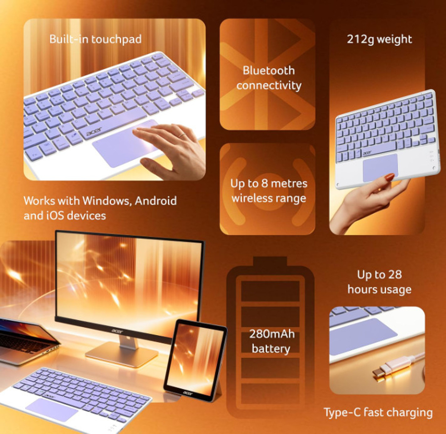 Image of Acer Nano Pad Touch Wireless Keyboard with Built-in Touchpad Bluetooth Standard Tablet Keyboard Compatible with iPad, Laptop, Mac, Tablet