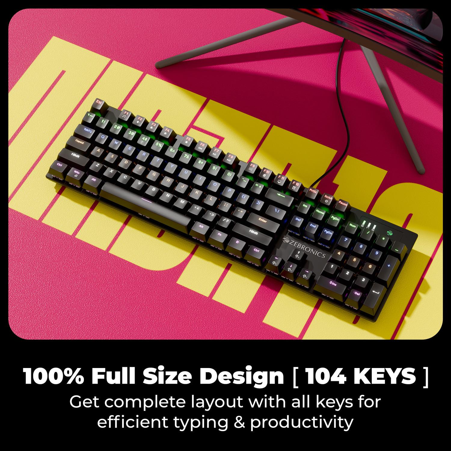 Image of ZEBRONICS ZEB-MK2 Wired USB Standard Gaming Keyboard Compatible with Desktop, Laptop, Mac Mechanical,Silent linear Red Switches, 26 Anti Ghosting, Double shot KeyCaps, 17 LED Modes,104 Keys with 12 Multimedia Keys,Mechanical