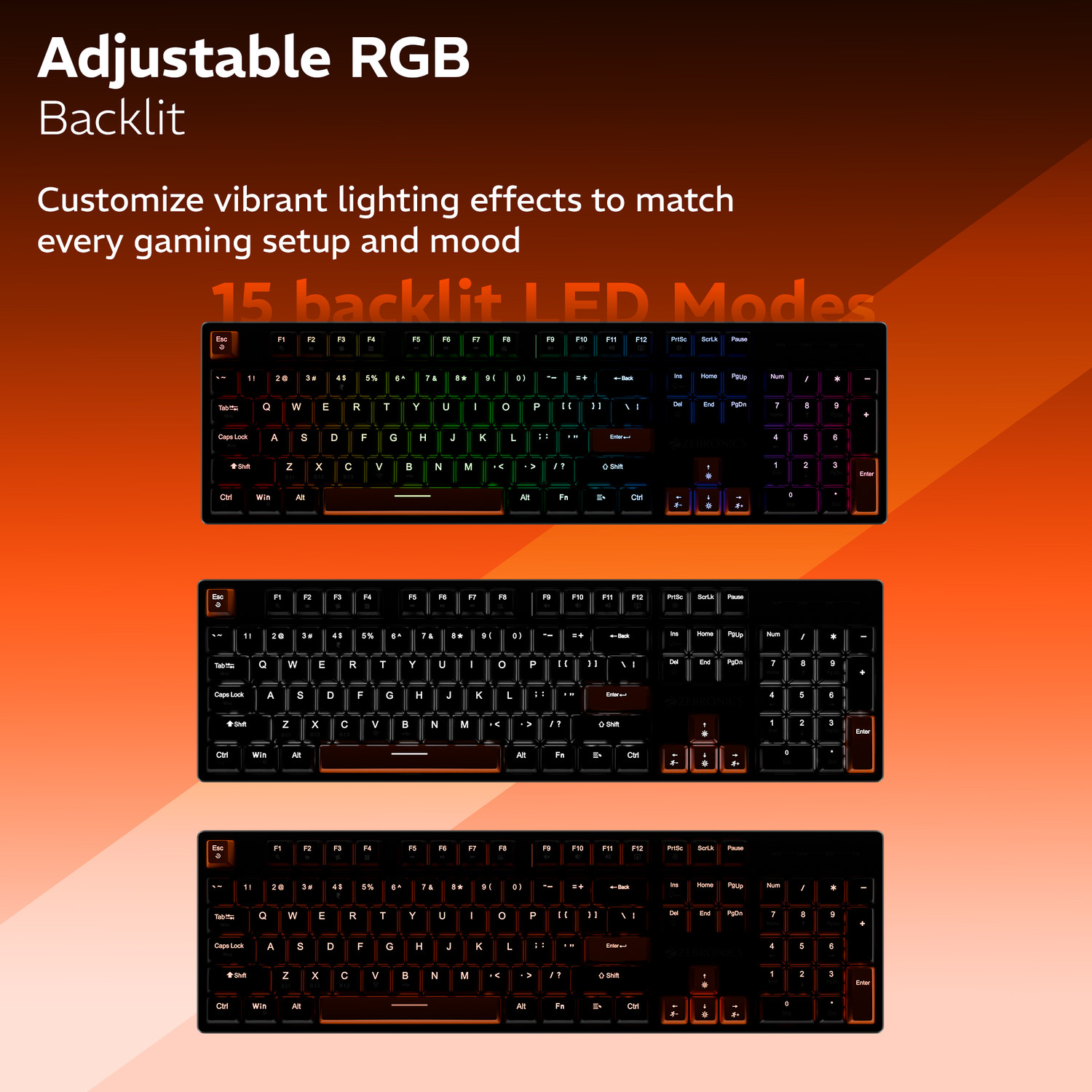 Image of ZEBRONICS ZEB-MWK2 (Black) Bluetooth, Wireless, Wired USB Standard Gaming Keyboard Compatible with Desktop, Laptop, Tablet, Mac Tri-Mode, Rechargeable, N-Key Rollover, Linear Red Switches, 1000Hz Polling Rate,104 Keys, Mechanical