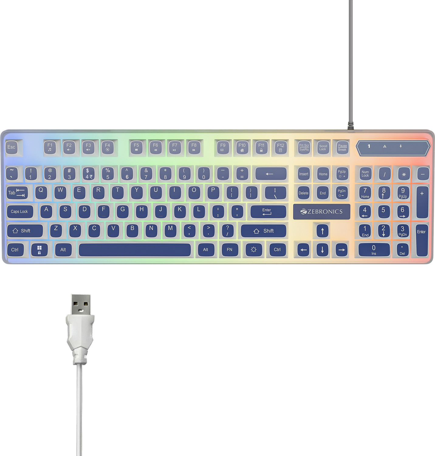 Image of ZEBRONICS ZEB-KKB 4(Zeb-War 2) White+Blue Wired USB Standard Gaming Keyboard Compatible with Laptop, Desktop
