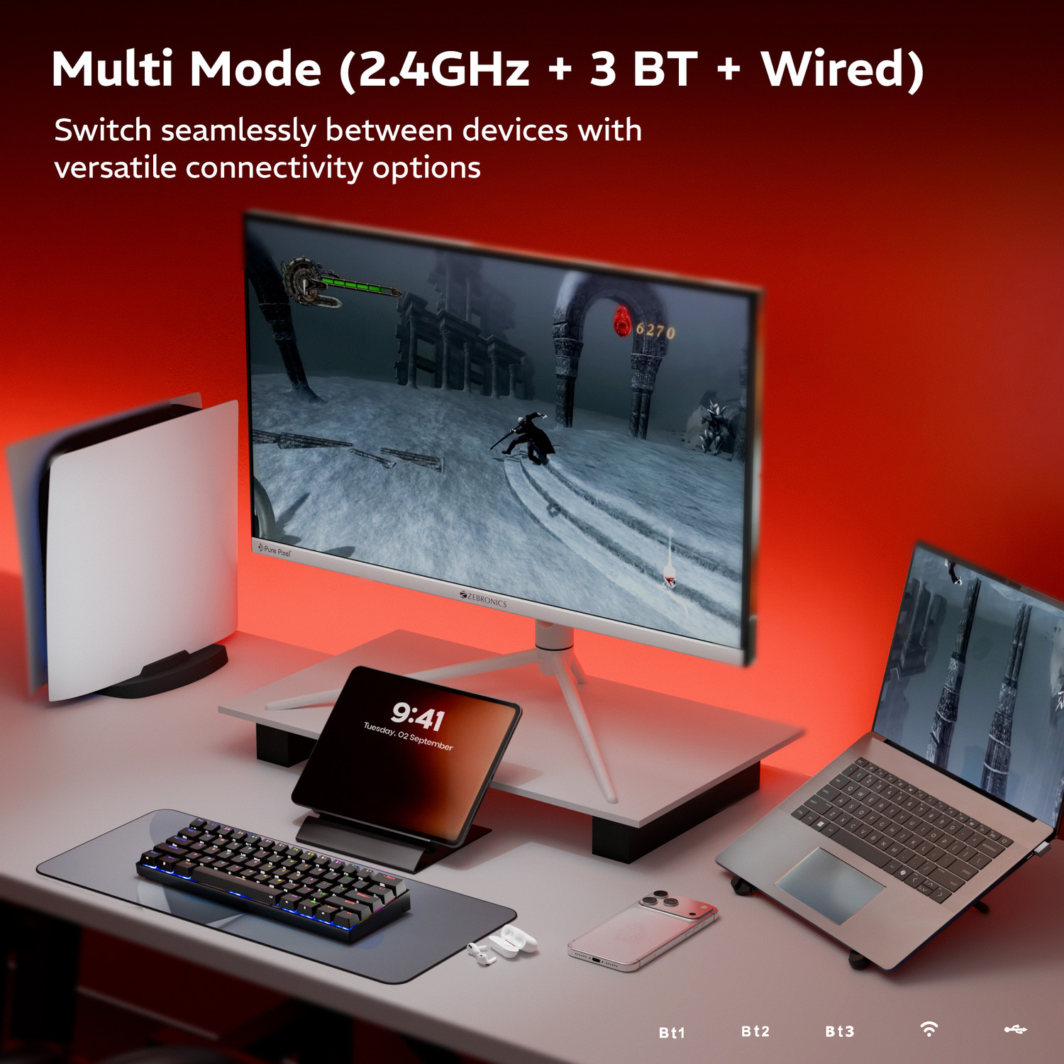 Image of ZEBRONICS Zeb-MWK 1 (Black) Bluetooth, Wired USB, Wireless Laptop-size Gaming Keyboard Compatible with Desktop, Laptop, iPad, Mac, Tablet Tri-Mode, Rechargeable, N-Key Rollover, Linear Red Switches, 1000Hz Polling Rate,61 Keys, Mechanical