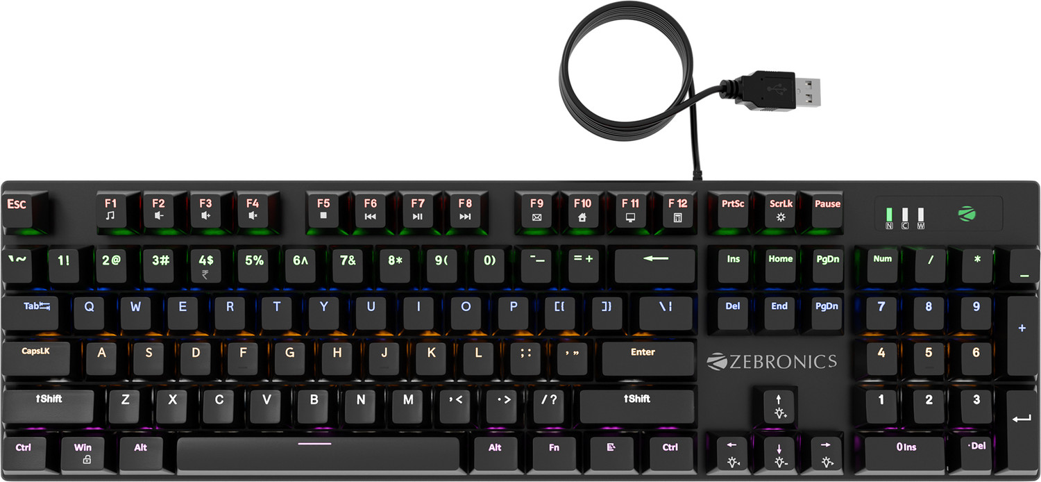 Image of ZEBRONICS ZEB-MK2 Wired USB Standard Gaming Keyboard Compatible with Desktop, Laptop, Mac Mechanical,Silent linear Red Switches, 26 Anti Ghosting, Double shot KeyCaps, 17 LED Modes,104 Keys with 12 Multimedia Keys,Mechanical