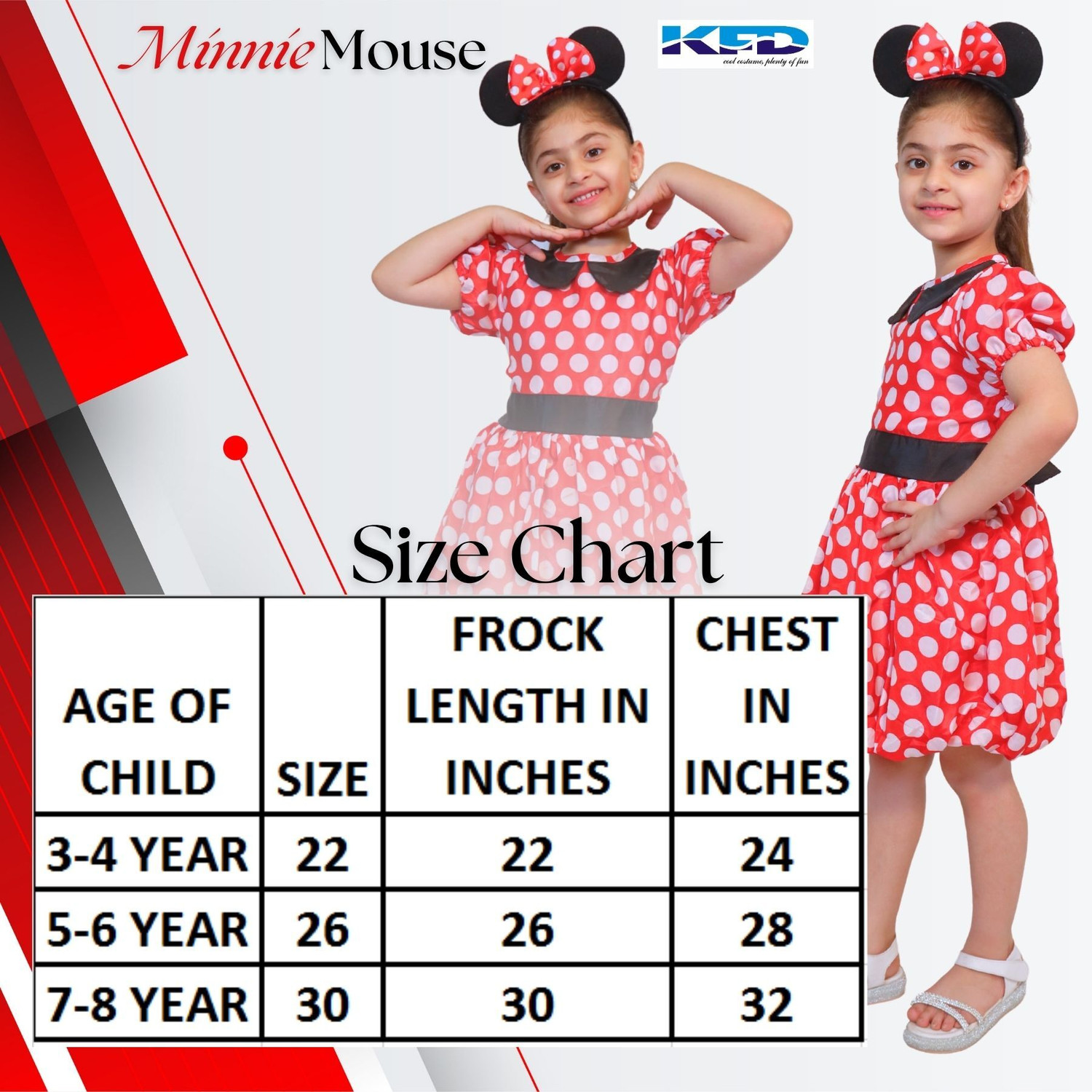 Image of KAKU FANCY DRESSES Minnie Cartoon Costume For Girls, Theme Party Dress - Red & White, 5-6 Years Kids Costume Wear
