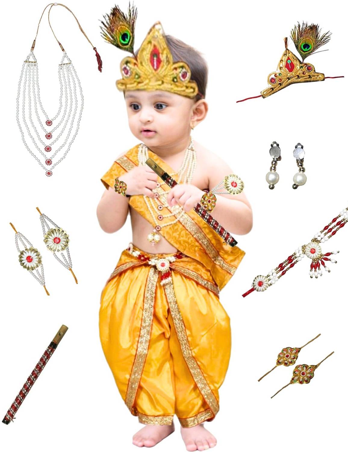 KAKU FANCY DRESSES Krishna Dress For Boys With Basuri & Morpankh, Bal Gopal Dress - Yellow, 5-6 Yrs Kids Costume Wear