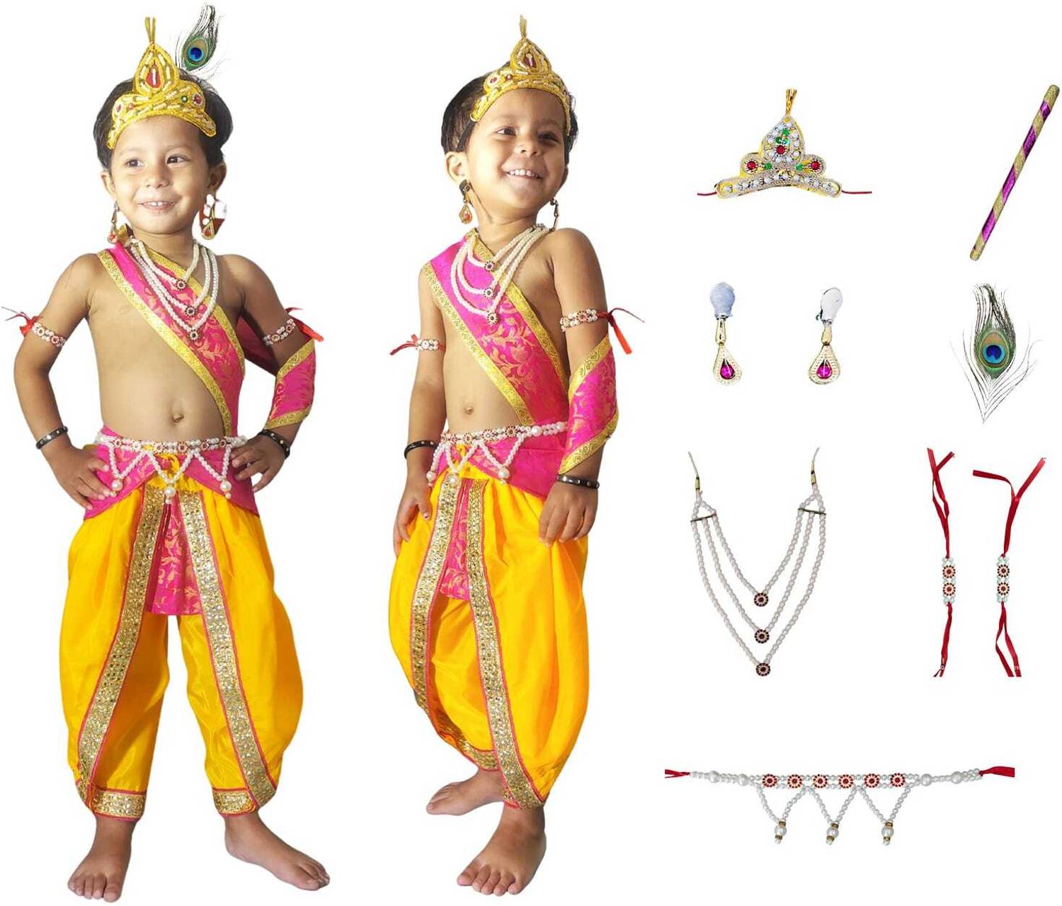AKSHUNNA KRISHNA COSTUME YELLOW DHOTI PINK PATKA for kids fancy dress competition Kids Costume Wear
