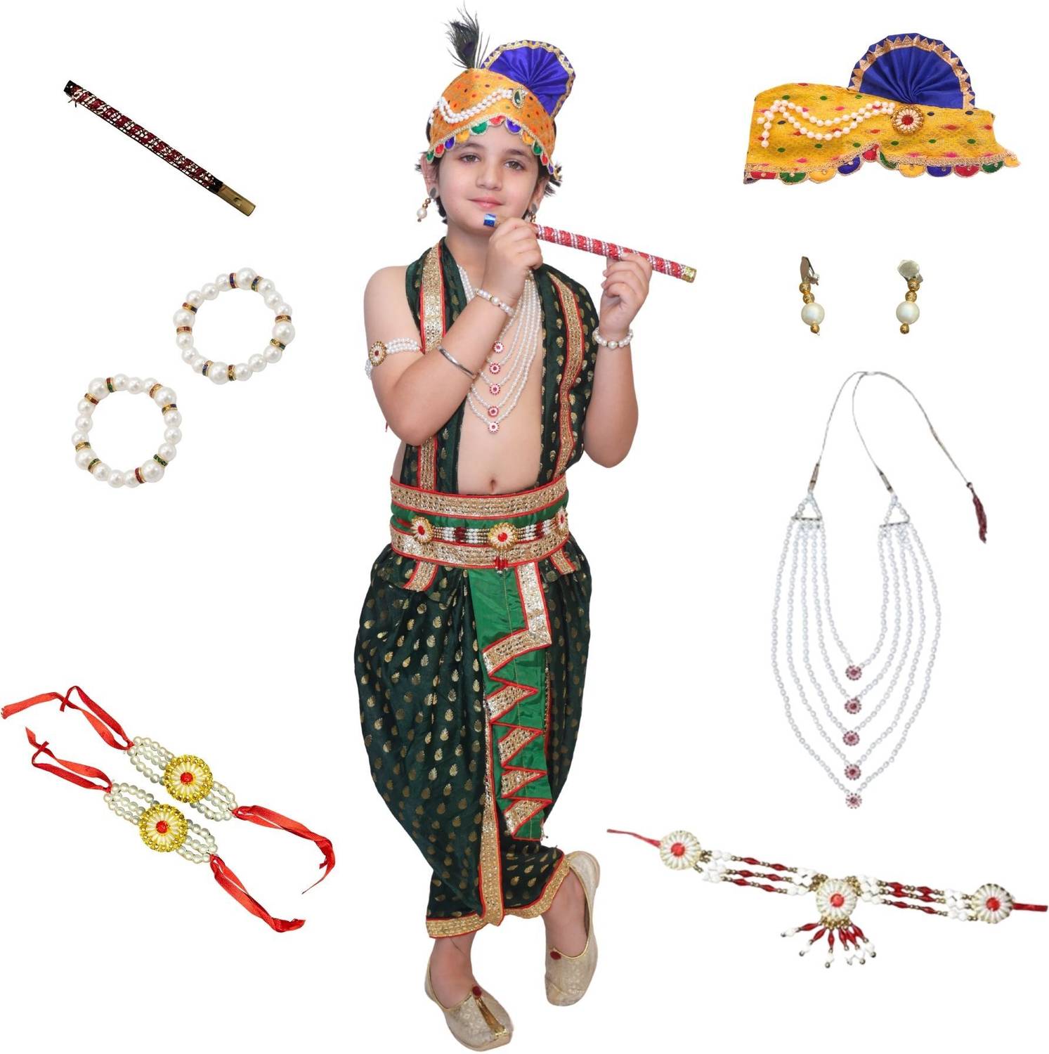 KAKU FANCY DRESSES Krishna Green Ethnic Bal Gopal Dress with Fabric Mukut Set - 3-4 Yrs Kids Costume Wear