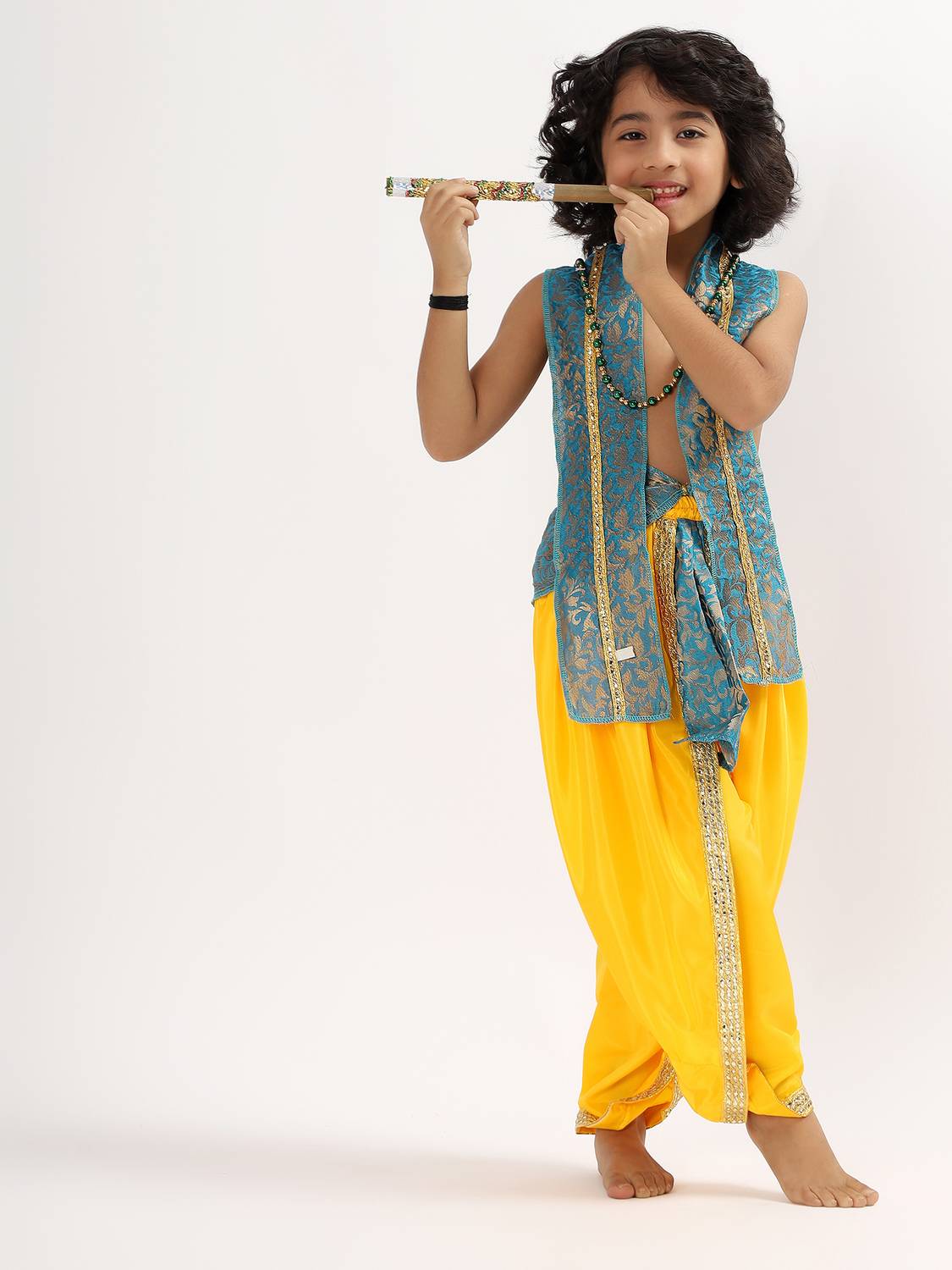 BLUSCAILE Lord Krishna kids dress with mala and flute for 3m to 8 years Kids Costume Wear