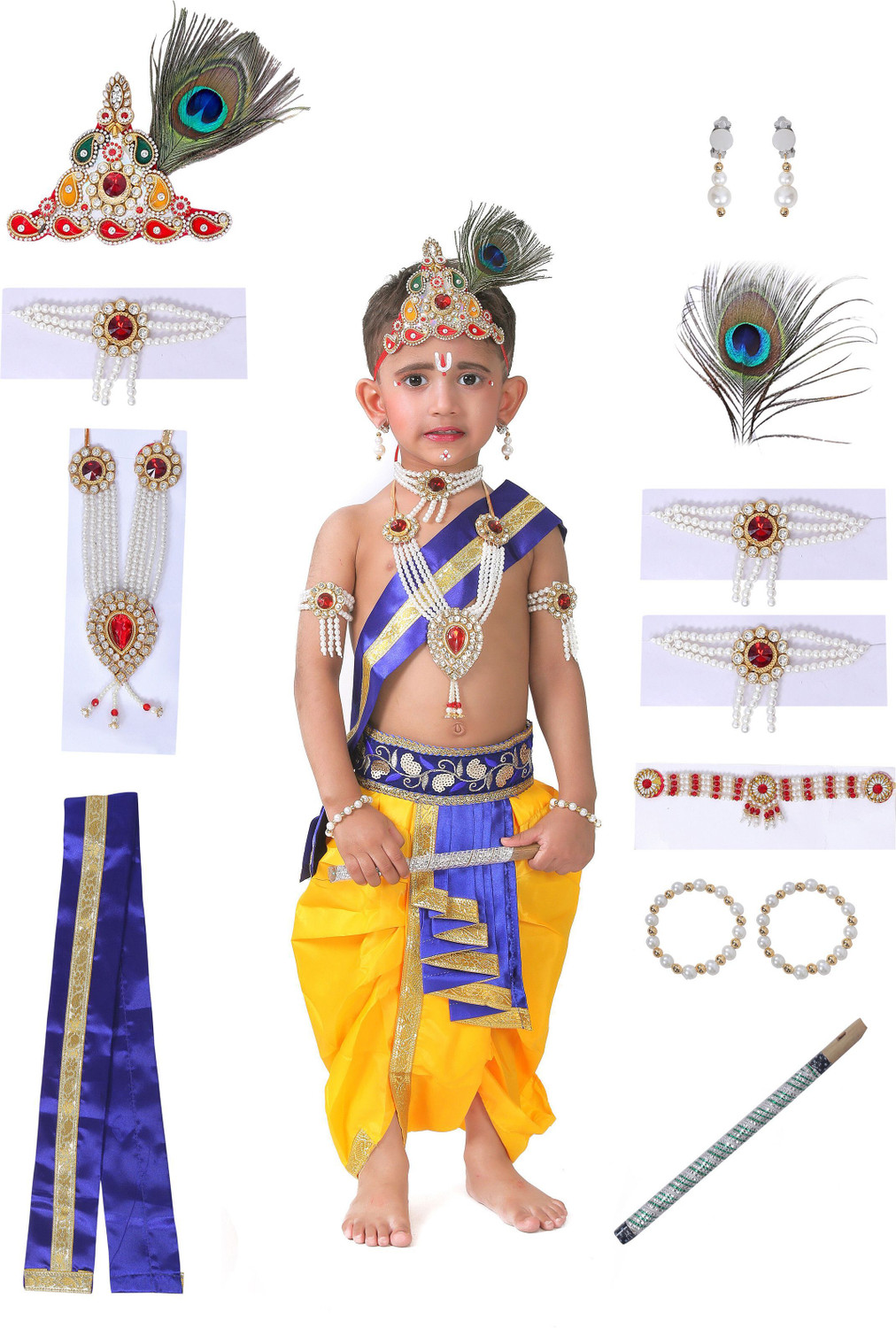 Image of Raj Costumes krishna Dress for Kids with Jewellery Accessories for baby Boy & Girls Kids Costume Wear
