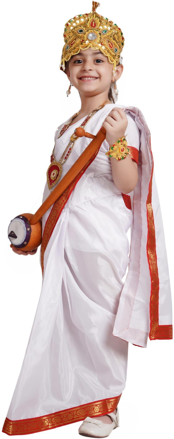 Image of KAKU FANCY DRESSES Devi Saraswati Saree For Girs With Accessories - White, 3-4 Yrs Kids Costume Wear