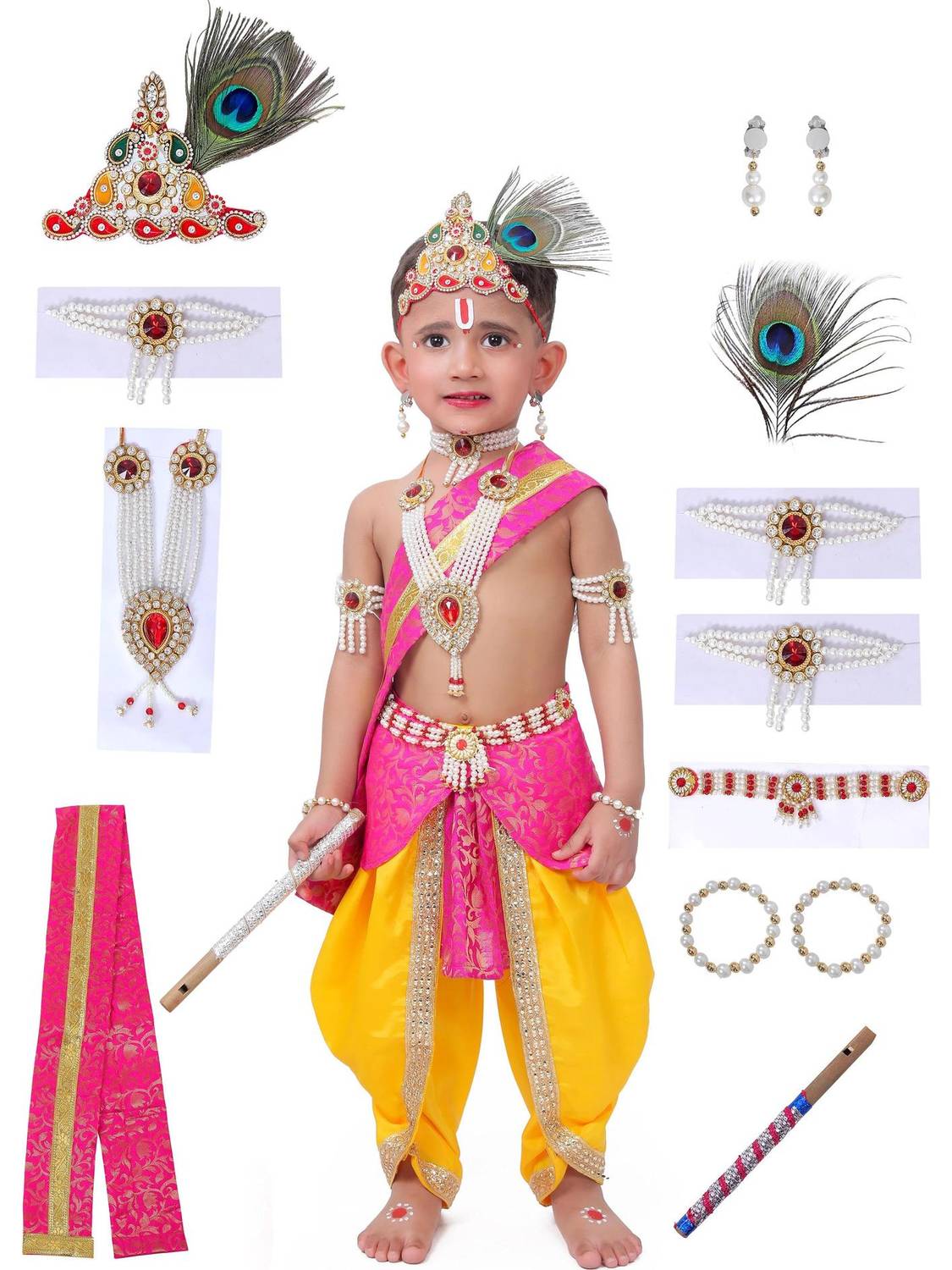 Raj Costumes krishna Dress for Kids with Jewellery Accessories for baby Boy & Girls Kids Costume Wear