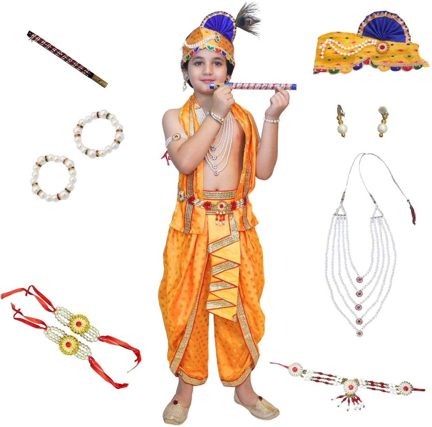 KAKU FANCY DRESSES Krishna Yellow Ethnic Bal Gopal Dress with Fabric Mukut Set - 5-6 Yrs Kids Costume Wear