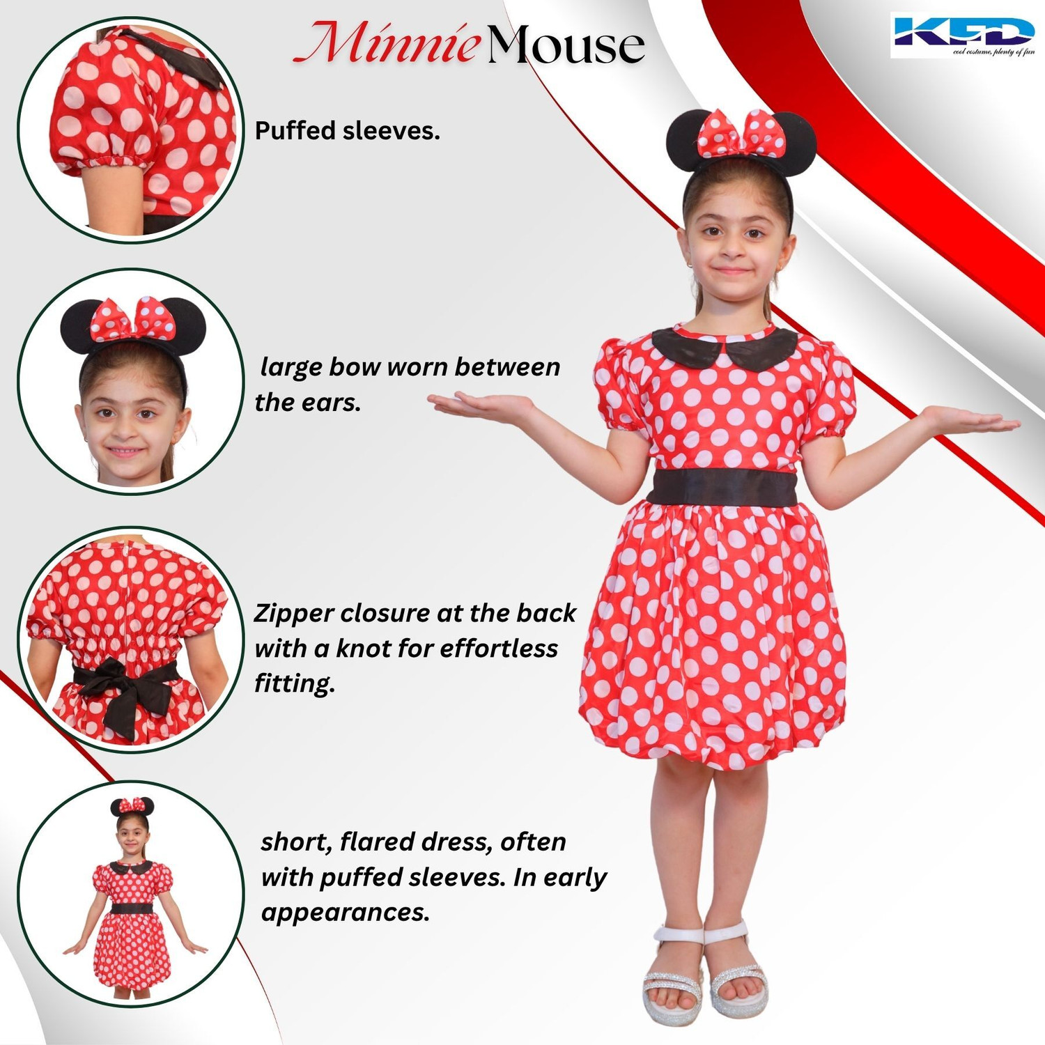 Image of KAKU FANCY DRESSES Minnie Cartoon Costume For Girls, Theme Party Dress - Red & White, 7-8 Years Kids Costume Wear
