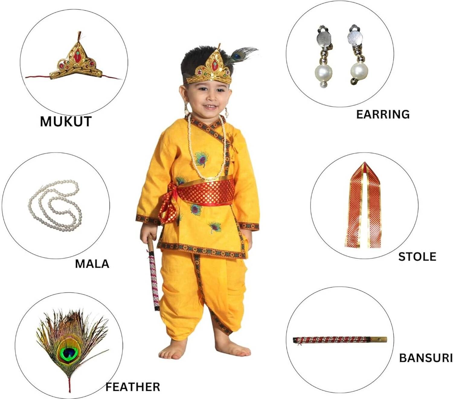 KAKU FANCY DRESSES Krishna Pankh Costume For Boys, Janmashtami Cotton Kurta Dress, 3-4 Years Kids Costume Wear